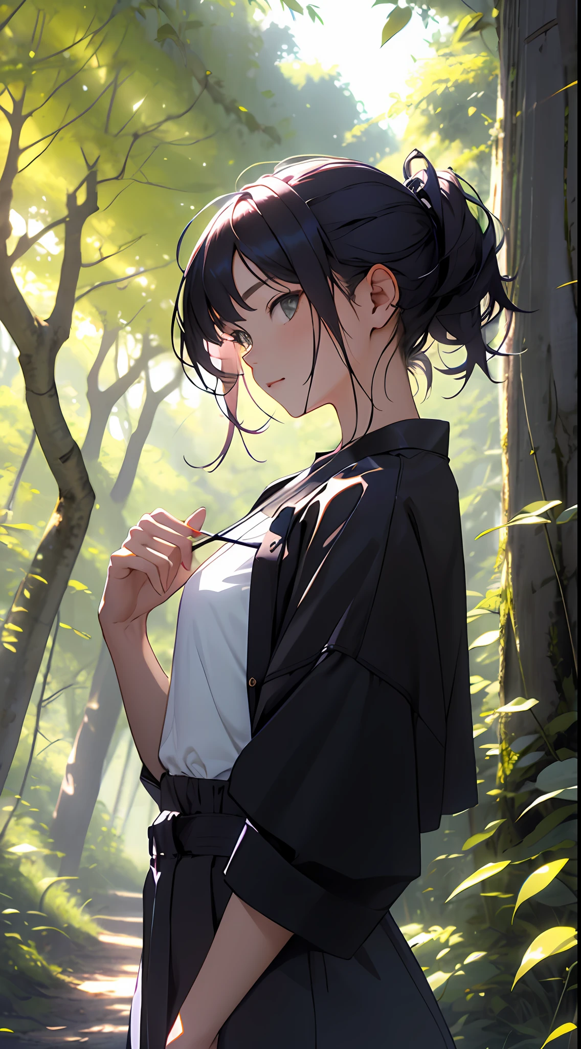 realisitic、Girl in the forest and sunshine, shorth hair, Nice hairstyle, Nice clothes