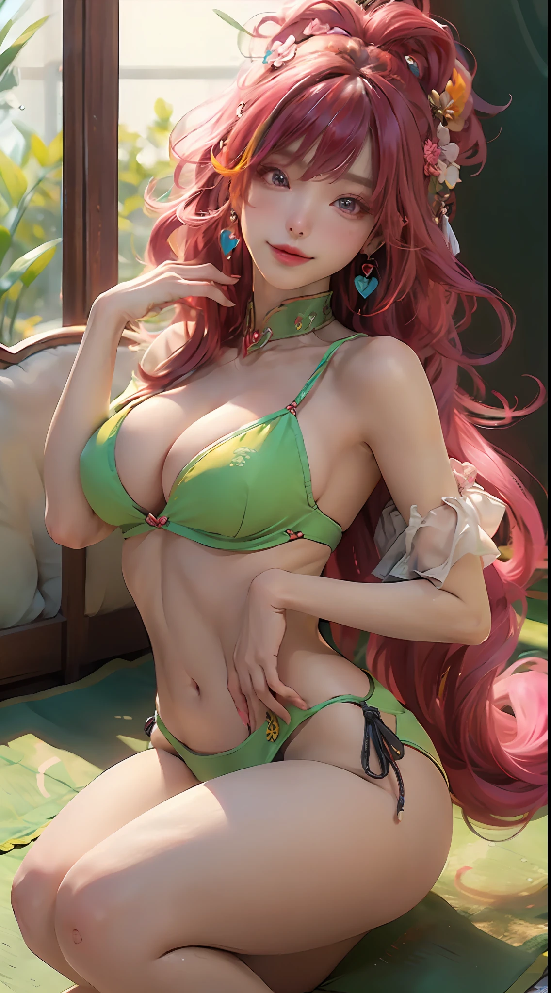 Best quality,Amazing,Masterpiece,Delicate,超高分辨率,Ultra detailed,intricately details,Beautiful detailed,8K resolution,(Extremely detailed Cg Unity 8K wallpaper),Sharp focus,((No text)),breast conscious,gigantic cleavage breasts,Areola Slip,Covered,Bursting breasts,Lively breasts,framed breasts,Miniature bikinis with high transparency and transparency,Tongue stock,Makeup,Happy,Reflectors,ahegao,Pink eyes,Heart earrings,1girll,Solo,Female pervert,view the viewer,hair flower,Long hair,multicolored hair,Shiny hair,Barefoot,Bottomless,Thick thighs,Bare legs,