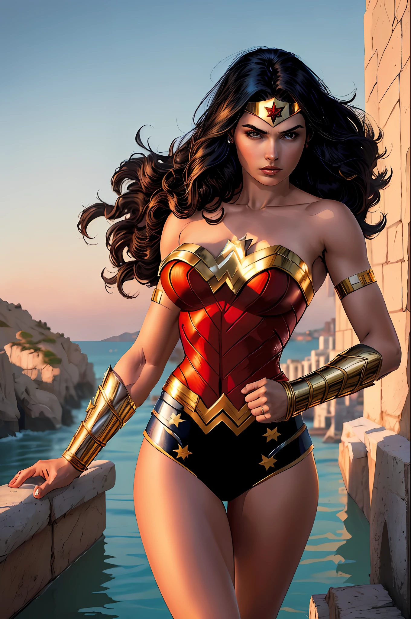 Wonder Woman, (cara bonita: 1.2), (cara finamente detallada y ojos hermosos), hembra madura, musculosa, manos desnudas, (detalles dorados), (brazalete, vestido blindado, brazalete, anillo en la cabeza), (ojos negros, cabello largo negro, cabello desordenado, cabello flotante), (piernas largas proporcionales), Jim Lee, (mejor calidad: 1.1), (fondo claro: 1.2), dark_fantasy, viento, lente de 35 mm, f / 1.4, 8K, ((obra maestra)), tendencia en Artstation, DeviantArt, Mucha,  Rutkowski, artgerm, Lee Bermejo, Alex Ross