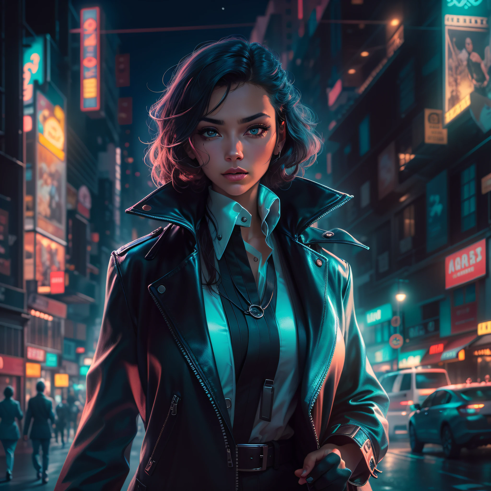 An image of a modern investigator wearing a sleek, seductive detective outfit in a bustling neon-lit cityscape at night. She walks confidently through the vibrant streets, cercada pelo brilho cativante das luzes da cidade, embodying the essence of a contemporary, empowered detective.