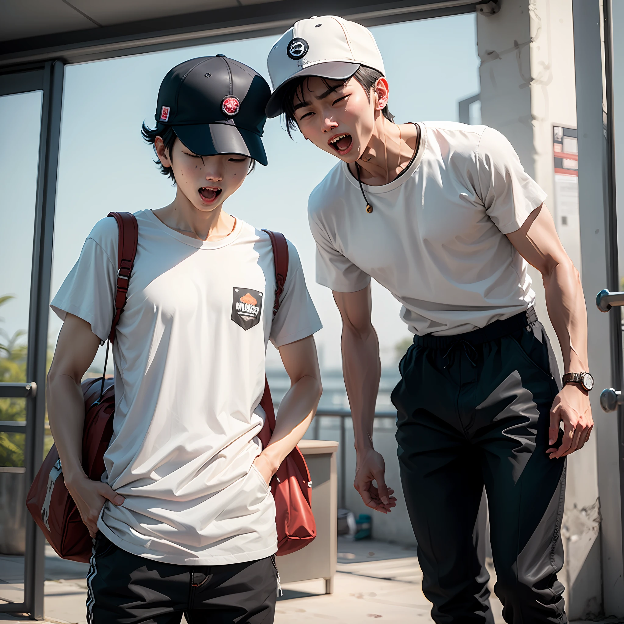 Boy long pants in cap and baggy shirt with vampire teeth and closed mouth --auto