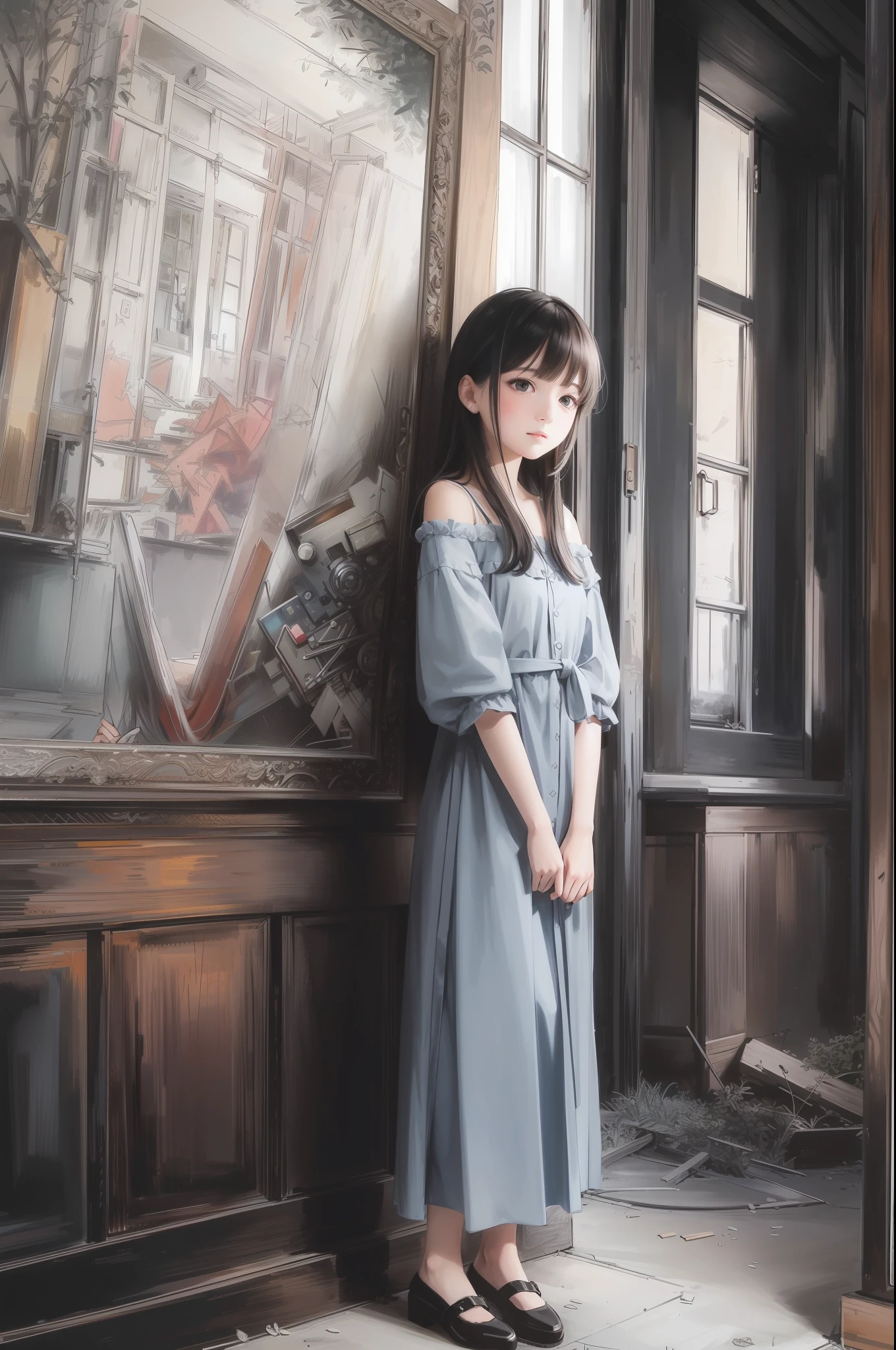 (Best Quality, masutepiece:1.1), (Realistic:1.4), 1 Anime Illustration、girl with、Longhaire、Anxious expression、Red Summer Dress、Background with、Countless crosses in an abandoned Western-style building、dark color