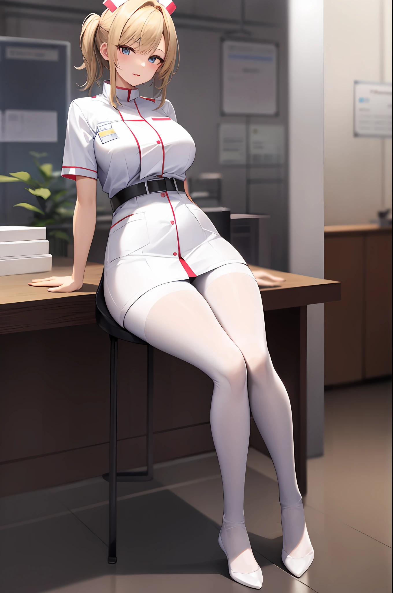 clinic、drapes、1girl in、nurse、White nurse uniform、Black pantyhose、gals、a blond、​masterpiece、top-quality、A highly detailed