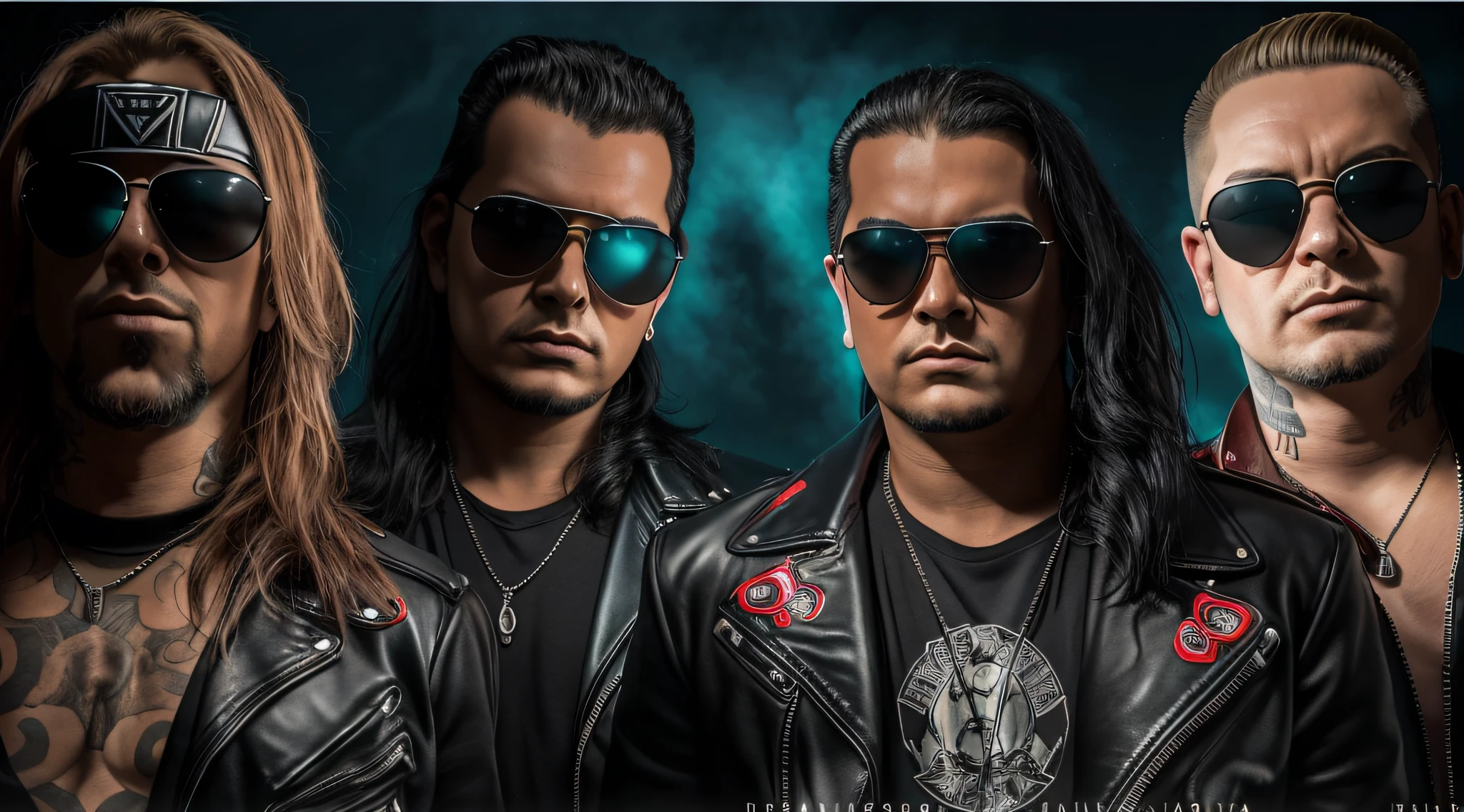 3 MENINOS LOIROS CABELOS LONGOS, in black leather jackets and sunglasses, DE MEIO CORPO, LUZES VERMELHAS SUAVES DE FUNDO, posando para uma foto, foto de alta qualidade, CORRENTES E FOGO,  imagem de muito baixa qualidade, foto promocional de banda de rock pesado, fosforescente, promo de banda de heavy metal, Photo of a promotional session, of the highest quality, foto de guerra, a scooter ( EDM banda, vibe sinistra, the band name is roborock