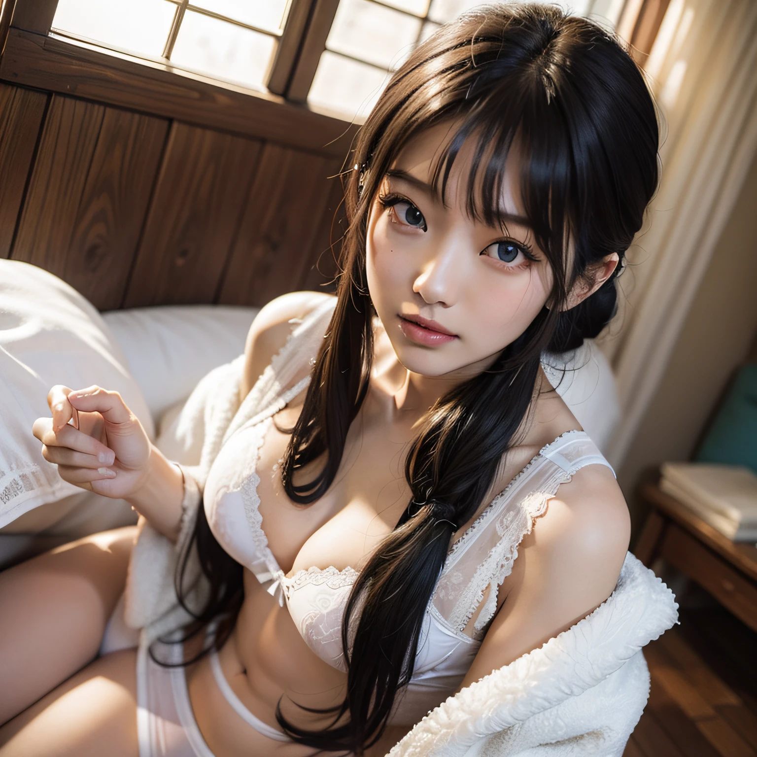 A Japanese Lady、20 generations of beauties、poneyTail、Underwear（White lace）、Bust: 90cm、morning