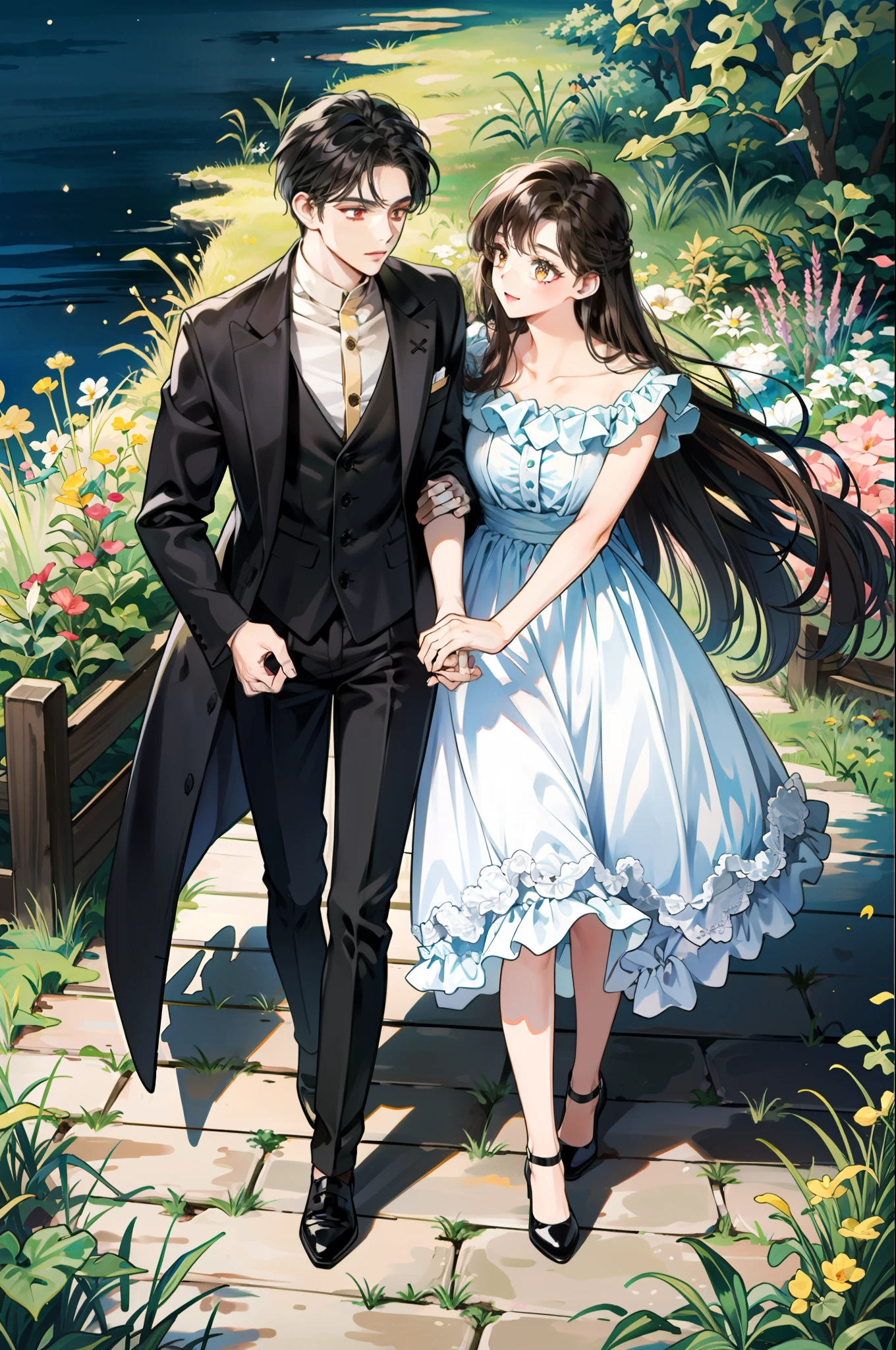 1girl, dark mauve hair color, brown eyes, tan skin, dark academia core outfit, witch, black heels, ring, 1guy, black hair, gold eyes, pale skin, suit, black shoes, ring, garden background, dark purple black brown gold color scheme, holding hands, picnic