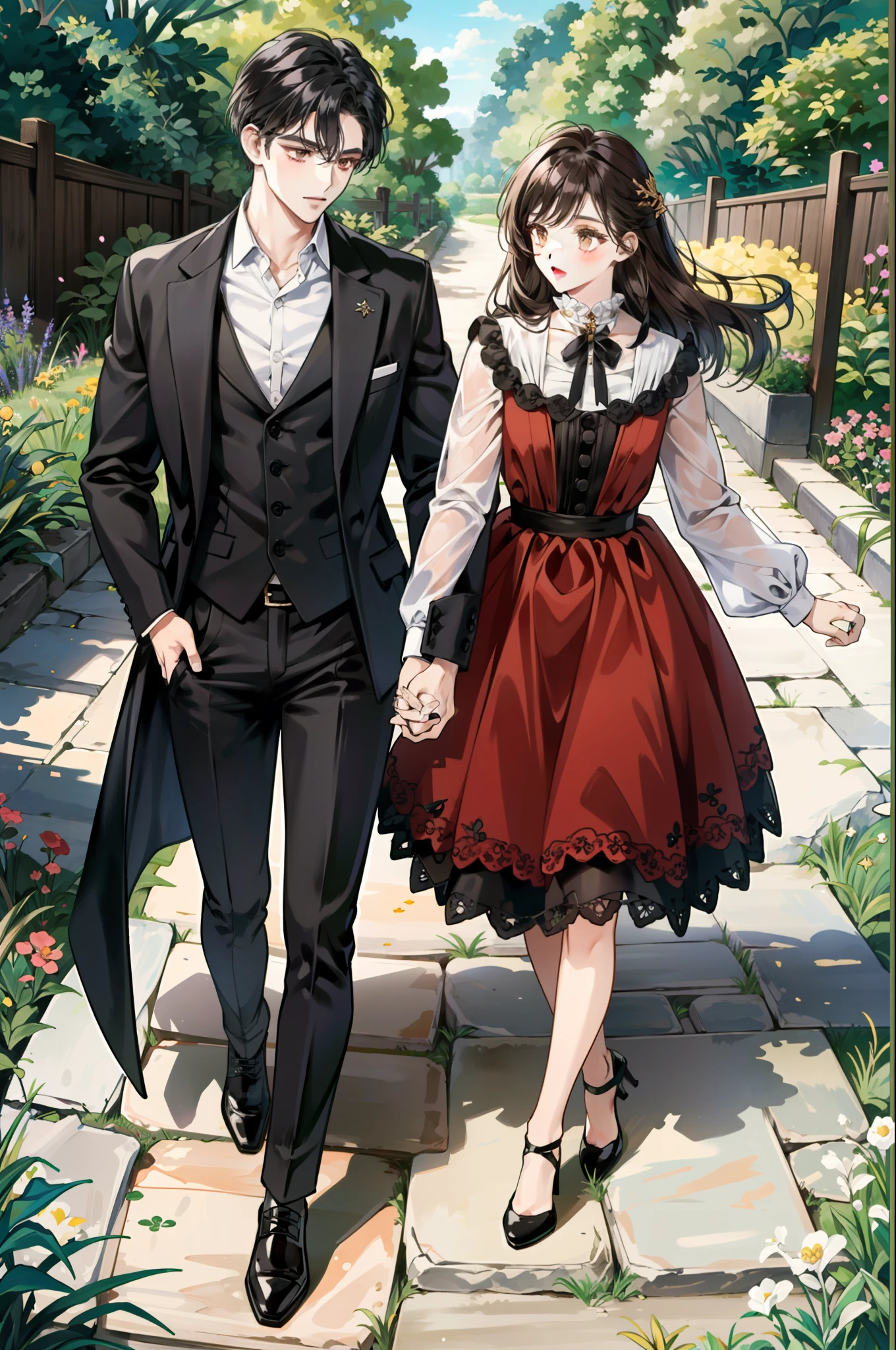 1girl, dark mauve hair color, brown eyes, tan skin, dark academia core outfit, witch, black heels, ring, 1guy, black hair, gold eyes, pale skin, suit, black shoes, ring, garden background, dark purple black brown gold color scheme, holding hands, picnic