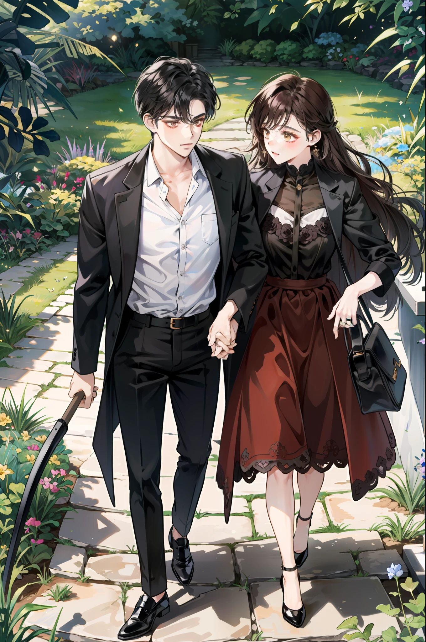 1girl, dark mauve hair color, brown eyes, tan skin, dark academia core outfit, witch, black heels, ring, 1guy, black hair, gold eyes, pale skin, suit, black shoes, ring, garden background, dark purple black brown gold color scheme, holding hands, picnic