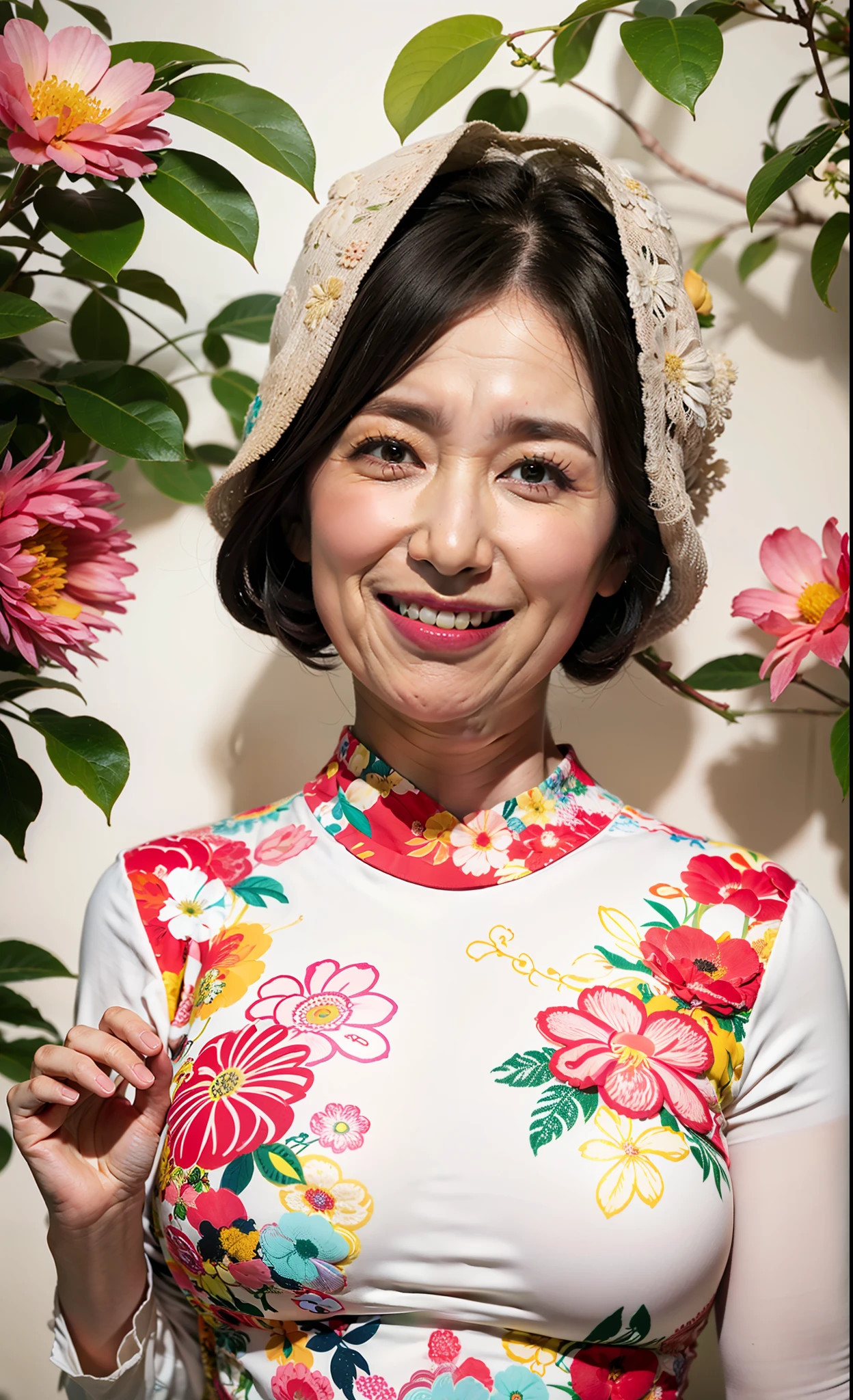 (flat-colors:0.9),(colourfull:1.1),(​masterpiece:1,2), top-quality, ​masterpiece, hight resolution, Original, (flat-colors:0.9),(colourfull:1.1),(​masterpiece:1,2), top-quality, ​masterpiece, hight resolution, Original, highly detailed wallpaper, Viewer's Perspective,Solo,portlate, ((A MILF))、53 years old、Mature Woman Body Set、Exposing breasts、showing teeth、Detailed tongue、Detailed mouth、Staring at this、Wrinkles at the corners of the eyes、Floral background、Illustration,