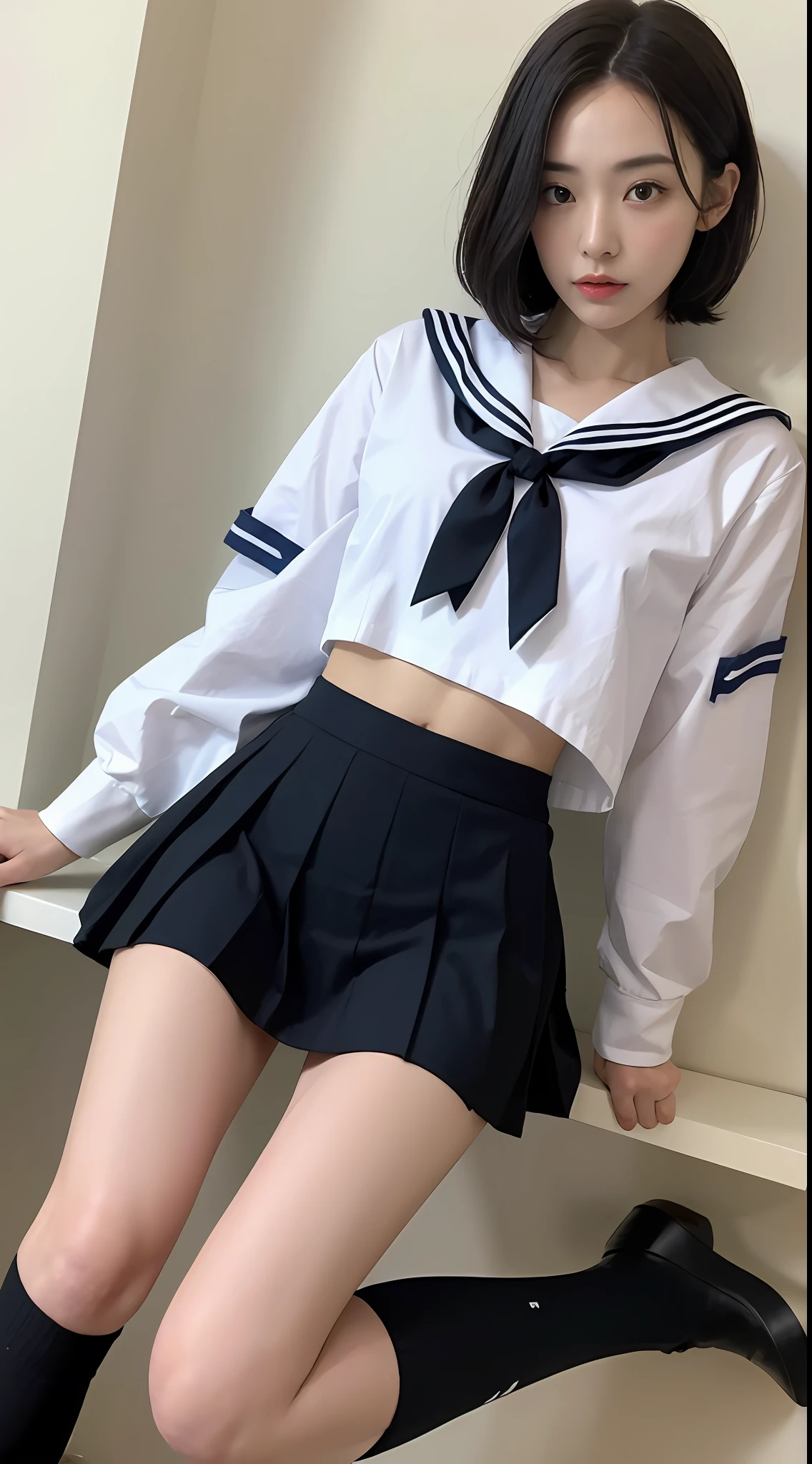((Top Quality, 8k, Masterpiece: 1.3)), 1 girl, Beauty with slender abs: 1.3, (Medium Short Hair, Big: 1.2), White Shirt: 1.1, Ultra Detailed Face, Detailed Eyes, Double Eyelids, Sailor Suit, Black Pleated Skirt, Knee High Socks, Full Body, Only Daughter, Navel, Thin Legs, Thin Abs, Black Shoes