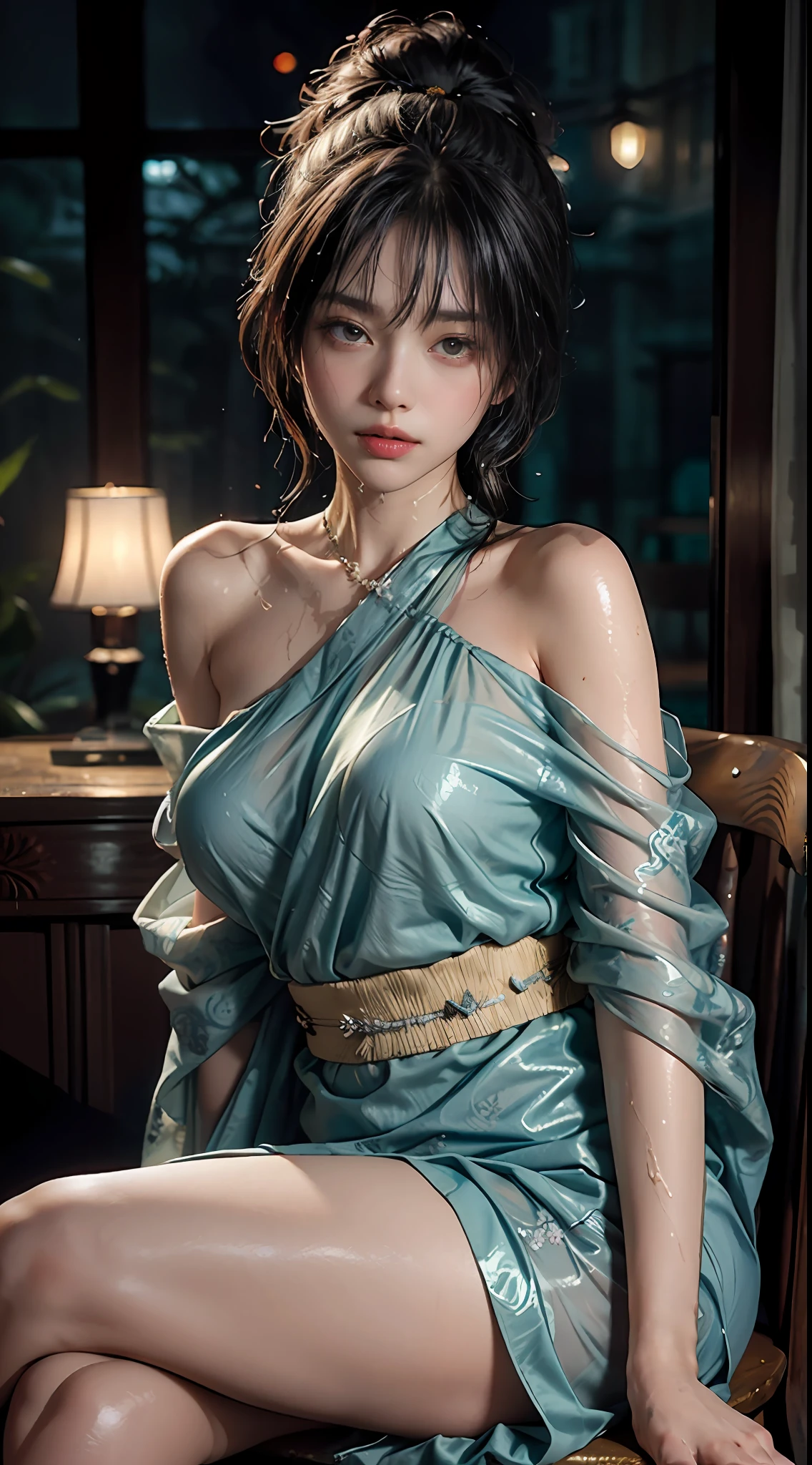 loose outfit、Show shoulders、How to wear a broken see-through kimono、Decorated with intricate patterns and bright colors、Artistic depiction of seductive woman in kimono with wet thin fabric and transparent skin, Floral and fantastic pattern with flowing silky traditional see-through skin。Her dress draped elegantly around her curvaceous figure、Emphasizes her charming silhouette。She is sitting on a chair in a sexy pose at night when gentle fireworks go up、bathed in the soft glow of moonlight。The scene is、With a hint of mystery and sensuality、It exudes an ethereal dreamy atmosphere。The image style is、Incorporates a blend of watercolor and digital illustration techniques.、It makes you feel delicate beauty and charm。Soft moonlit lighting、Cast gentle highlights and shadows on her mesmerizing features。Sit in a very luxurious upholstered chair、The hand is somewhere、see -through、show through、A sexy、Wet hair、Wet、