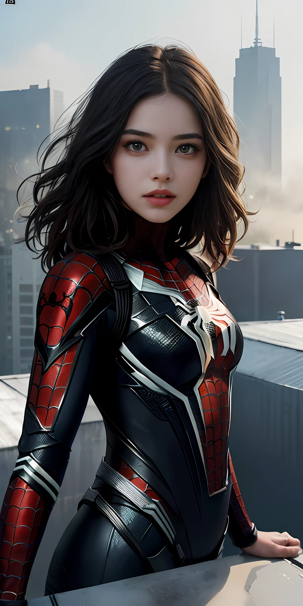 (1girl:1.3), Solo, (((Very detailed face)))), ((Very detailed eyes and face)))), Beautiful detail eyes, Body parts__, Official art, Unified 8k wallpaper, Super detailed, beautiful and beautiful, beautiful, masterpiece, best quality, original, masterpiece, super fine photo, best quality, super high resolution, realistic realism, sunlight, full body portrait, amazing beauty, dynamic pose, delicate face, vibrant eyes, (from the front), She wears Spider-Man suit, red and black color scheme, spider, very detailed city roof background, rooftop, overlooking the city, detailed face, detailed complex busy background, messy, gorgeous, milky white, highly detailed skin, realistic skin details, visible pores, clear focus, volumetric fog, 8k uhd, DSLR, high quality, film grain, fair skin, photo realism, lomography, futuristic dystopian megalopolis, translucent