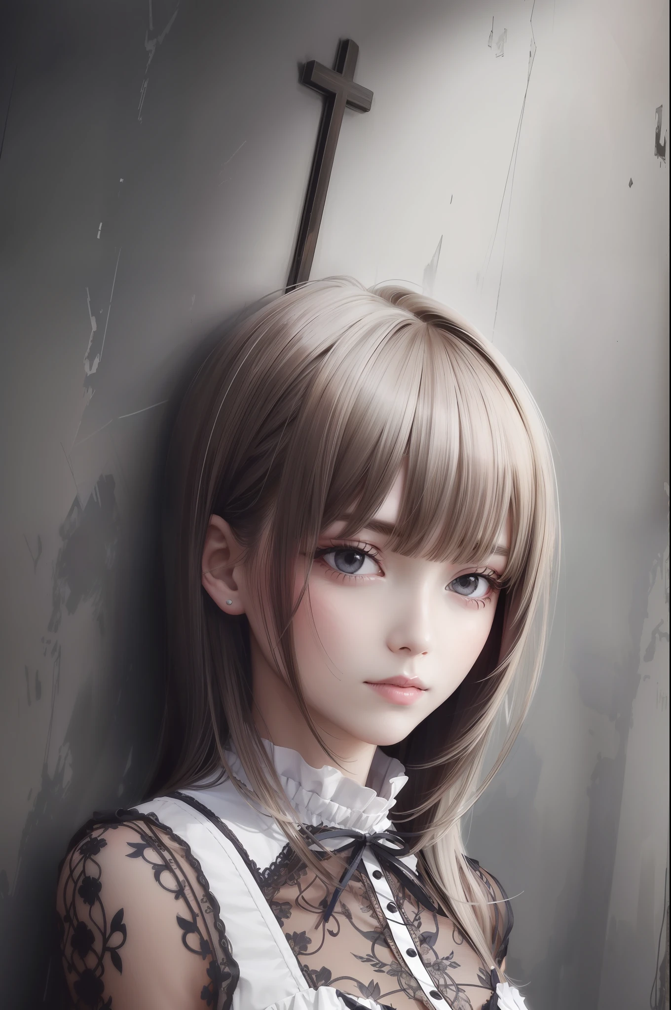 (Best Quality, masutepiece:1.1), (Realistic:1.4), 1girl in、Longhaire、Anxious expression、Red Summer Dress、Background with、Countless crosses in an abandoned Western-style building、dark color