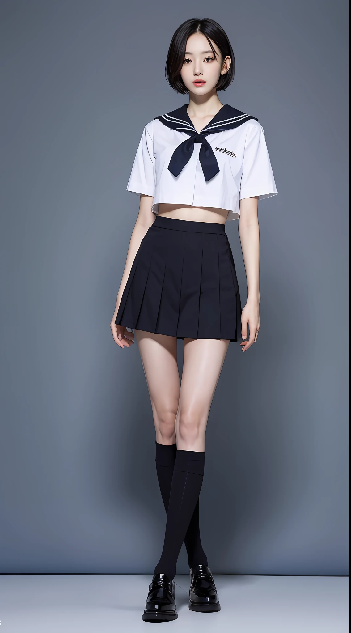((Top Quality, 8k, Masterpiece: 1.3)), 1 girl, Beauty with slender abs: 1.3, (Medium Short Hair, Big: 1.2), White Shirt: 1.1, Ultra Detailed Face, Detailed Eyes, Double Eyelids, Sailor Suit, Black Pleated Skirt, Knee High Socks, Full Body, Only Daughter, Navel, Thin Legs, Thin Abs, Black Shoes