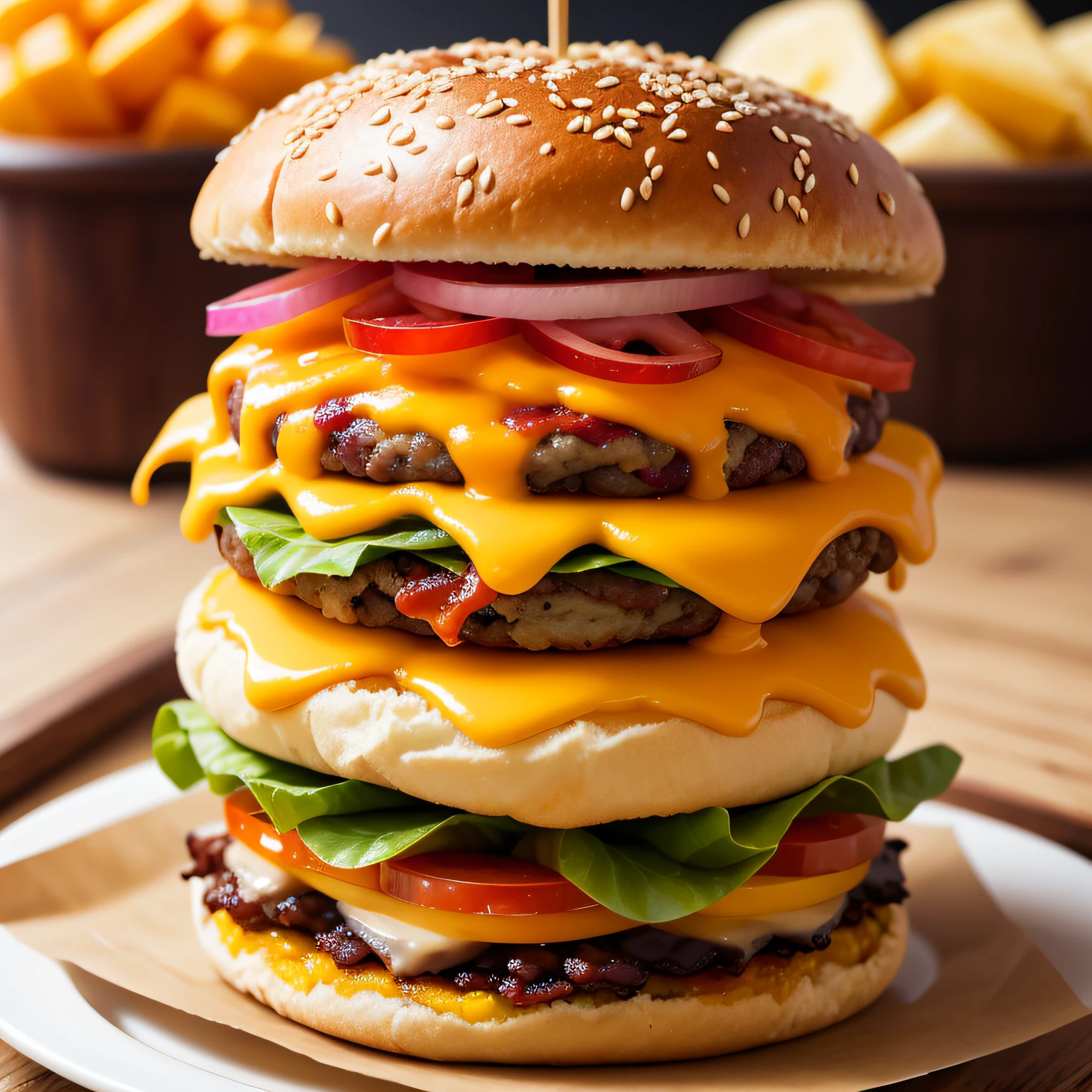 hamburguer artesanal com chedar queijo, calabresa, bacon e alface realista 4k ultra realista --auto