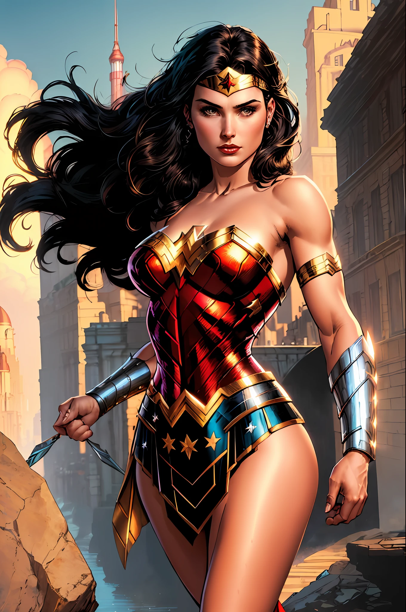 wonder woman, (pretty face:1.2), (finely detailed face and beautiful eyes), mature female, muscle, bare hands, (armlet, armored dress, bracer, head ring ), (black eyes, black long hair, messy hair, floating hair), (long proportional legs), jim lee, (best quality:1.1),(clear background:1.2), dark_fantasy, wind, 35mm lens, f/1.4, 8K, ((masterpiece)), trending on Artstation, DeviantArt, Mucha, Rutkowski, artgerm