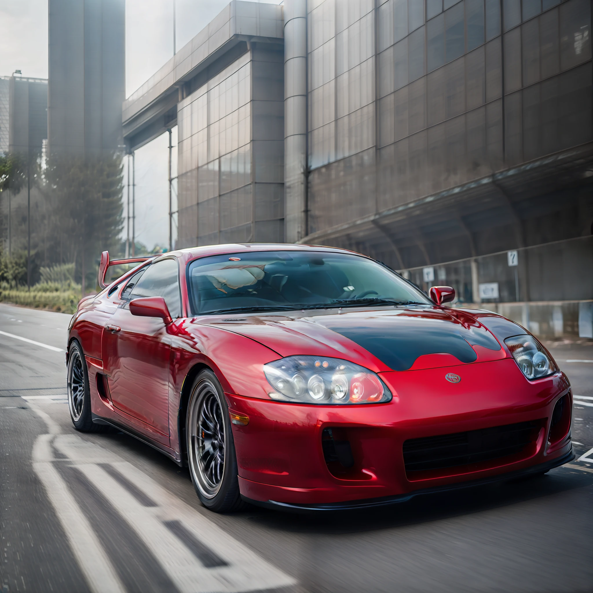 Arafed carro esportivo vermelho dirigindo por uma rua da cidade, vista completa de um carro esporte, Carro esportivo, carro esportivo, carro esporte, carro esportivo, cinematic front shot, fotografia automotiva, vehicle photography, vibrante e poderoso, Um cara barbudo vermelho dirigindo um GT3s, perspectiva frontal, com linhas elegantes e um poderoso, GTR XU1, fotografia comercial do carro, Supercarro