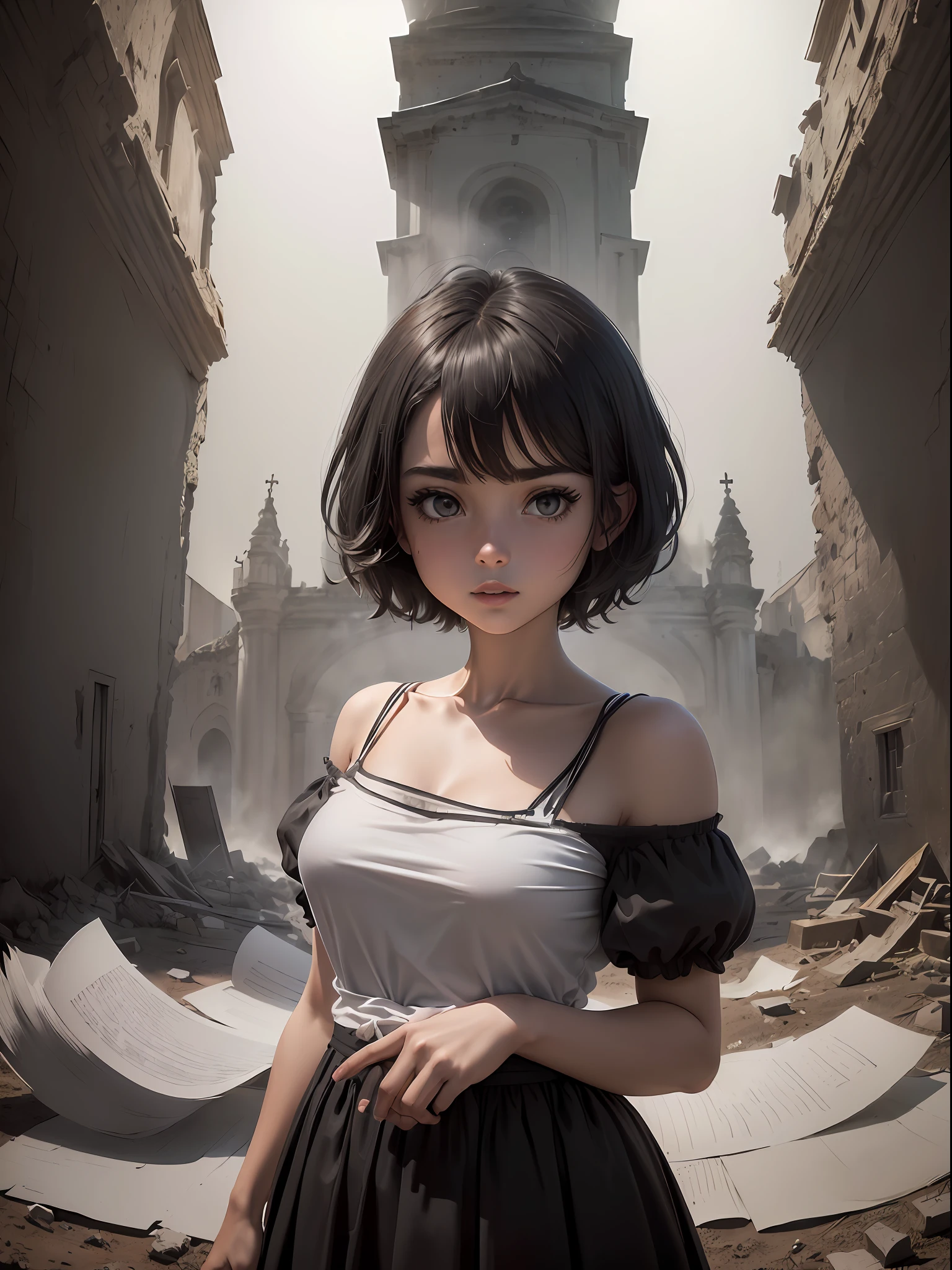 (Background ruins of a church, folhas de papel pretas soltas no ar, Original,(illustration:1.2 preto e branco),(melhor qualidade), (obra-prima:1.2), (unidade de papel de parede 8k extremamente detalhado, imagem preto e branco, made in graphite pencils HB, (panorama shot: 1.4), (folhas de papel voando),((grafite)), foco nítido, 1 standing girl with short hair on her upper body, cena de medo no interior de uma velha igreja, --auto