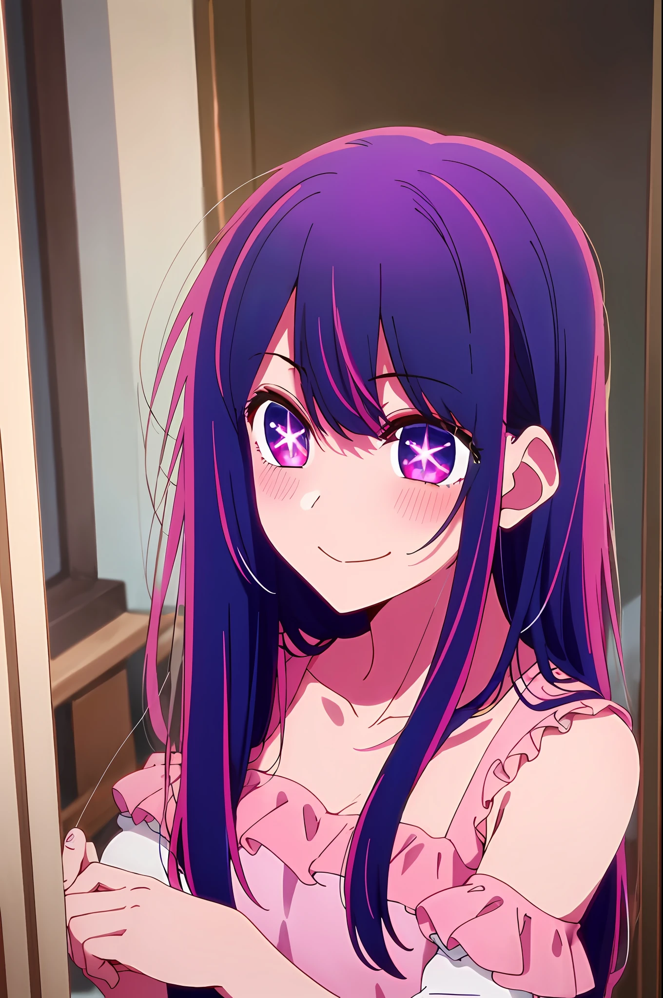 masterpiece、ighly detailed、(1 girl in:1.2)、purple color hair、pink dress、big eye、a closeup、a smile、8K、hoshinoai