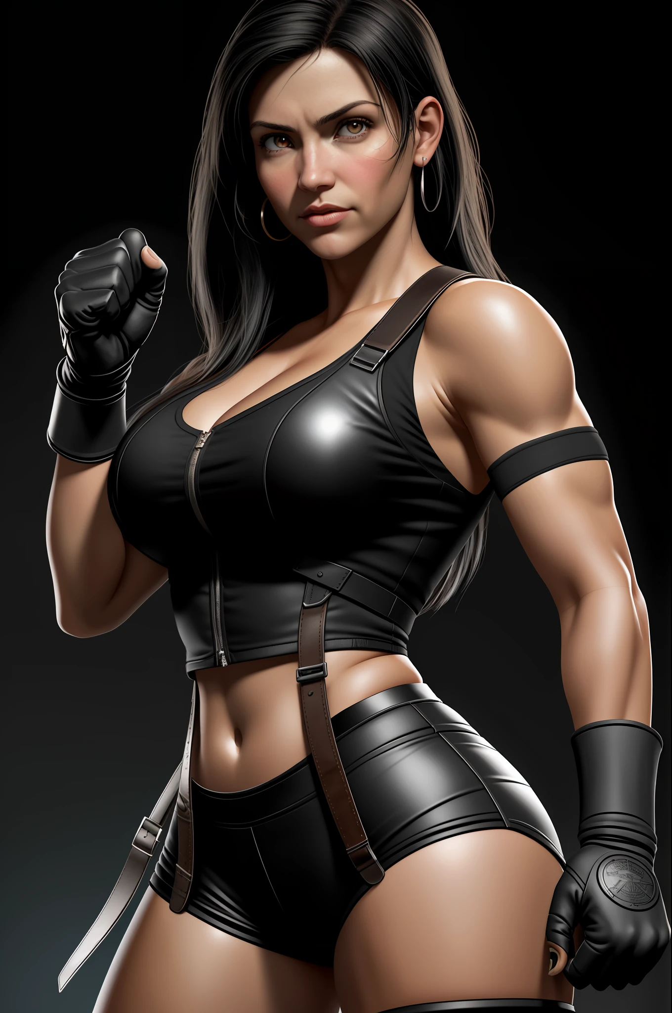 Tifa, ojos rojos, guantelete, coderas, (Entonado:1.2), (hombros fuertes:1.1), pechos enormes, cabello, cejas gruesas y oscuras, cabello ?????, Coreano, delineador, sombra de ojos, cara bonita, labios, Entonado, trampas grandes, realista, alta calidad, realista, piel texturizada, poros de la piel, rayos de luz, Dios Rayos, piel grasa,  Rim Lighting,, Fondo Bokeh, fondo borroso, fcRetrato, (culturista hombros:0.9), deltoideo, cosplay de Black Canary