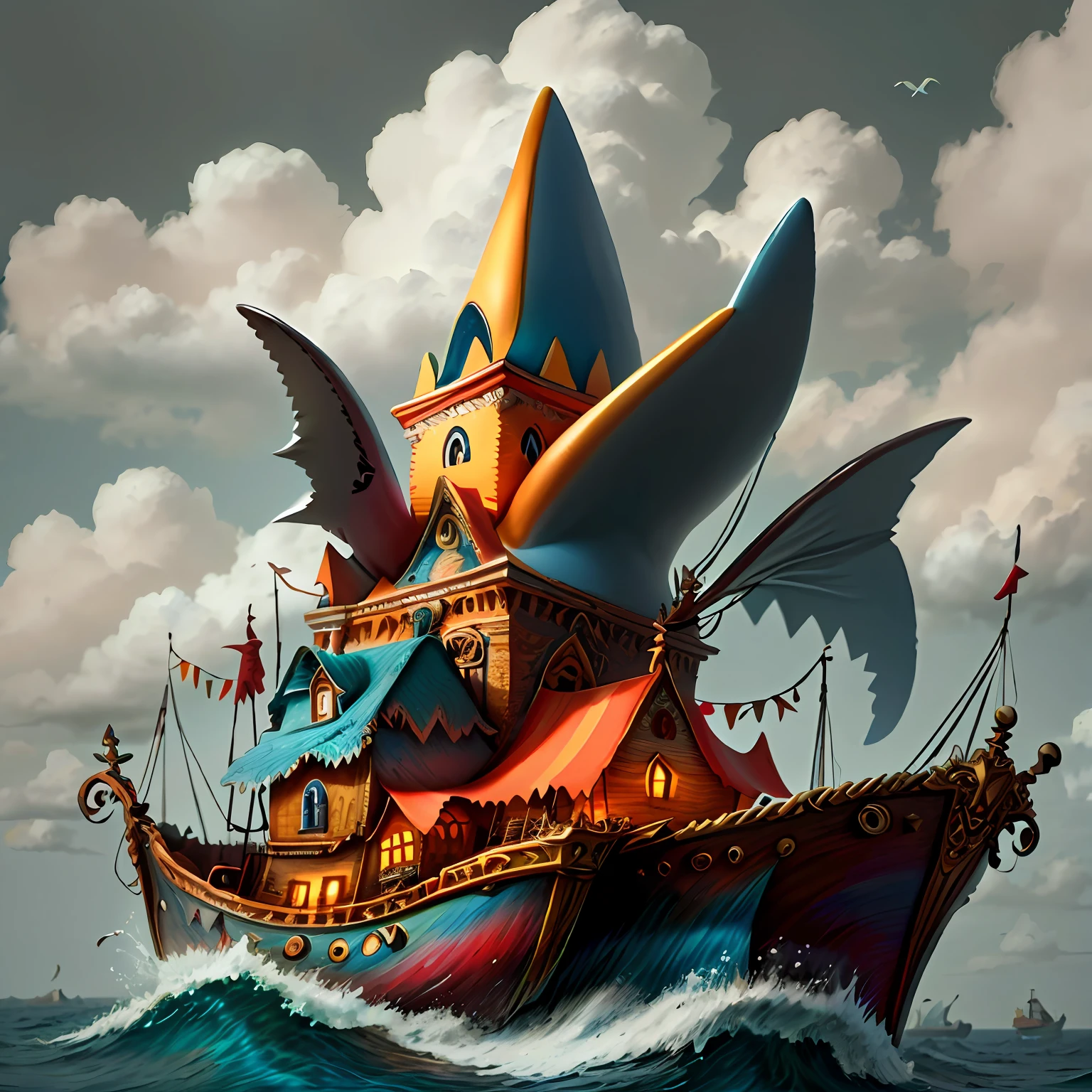 There is a shark-shaped island with a boat in the background, 3 d epic illustrations, anthropomorphic shark, ilustrador olho de peixe luz da lua, stunning digital illustration, olho grande, grandes olhos de peixe, a beautiful artwork illustration, lente do peixe do olho, painting digital adorable, bela arte conceitual 3D, Arte digital surrealista