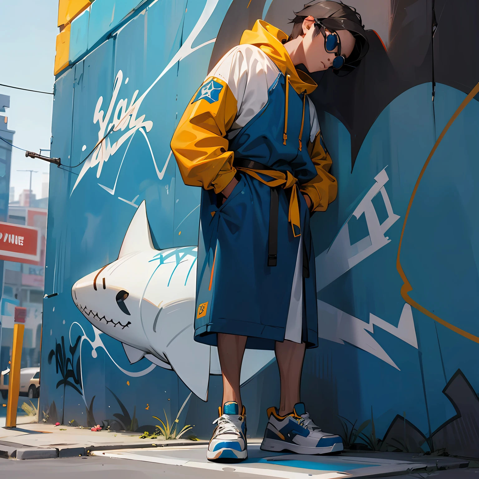 Create the King Shark, vestido de jaqueta azul, oculos azul, correntes de ouro, sneakers blue, behind a graffiti wall, high-definition picture, cinematographic scene