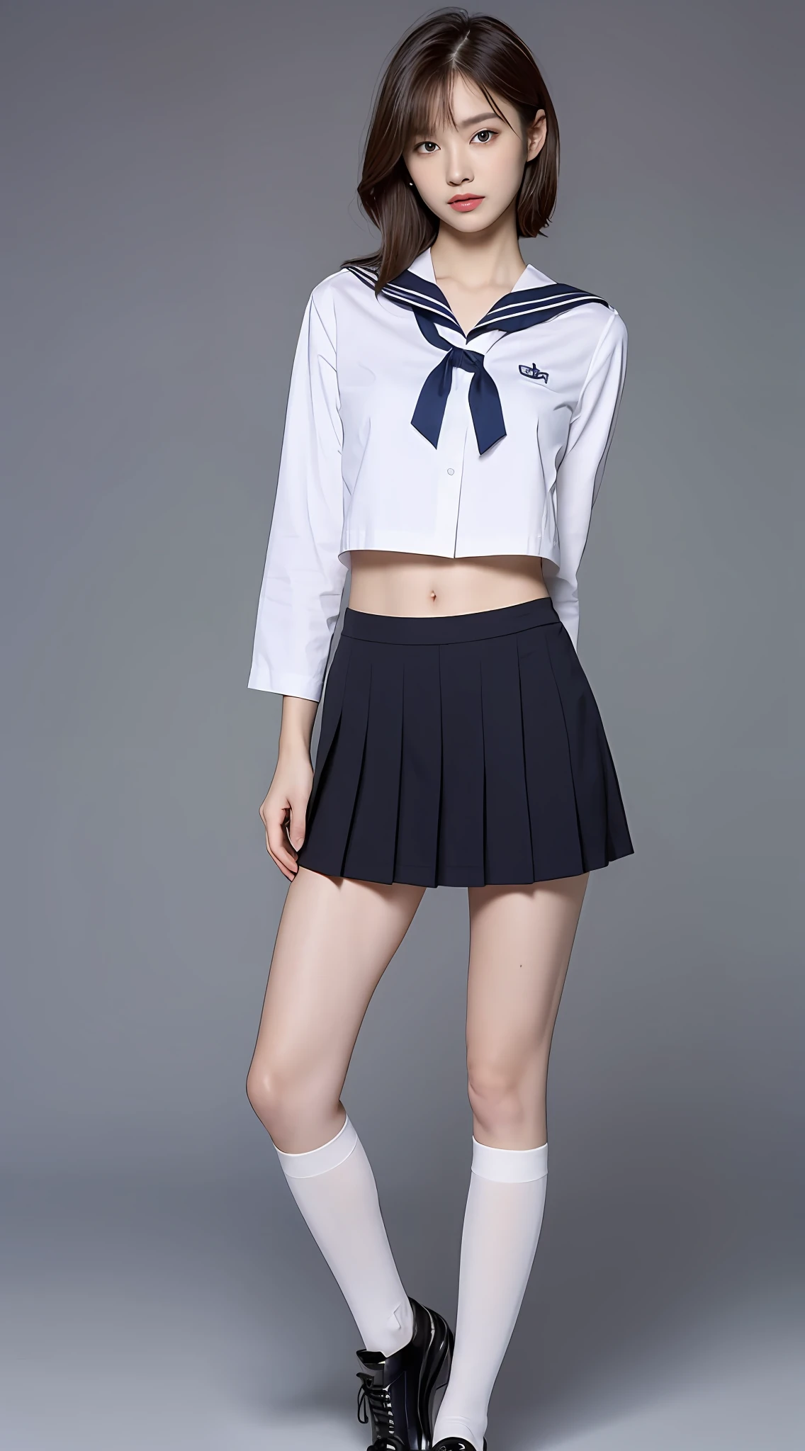 ((Top Quality, 8k, Masterpiece: 1.3)), 1 girl, Beauty with slender abs: 1.3, (Medium Short Hair, Big: 1.2), White Shirt: 1.1, Ultra Detailed Face, Detailed Eyes, Double Eyelids, Sailor Suit, Black Pleated Skirt, Knee High Socks, Full Body, Only Daughter, Navel, Thin Legs, Thin Abs, Black Shoes
