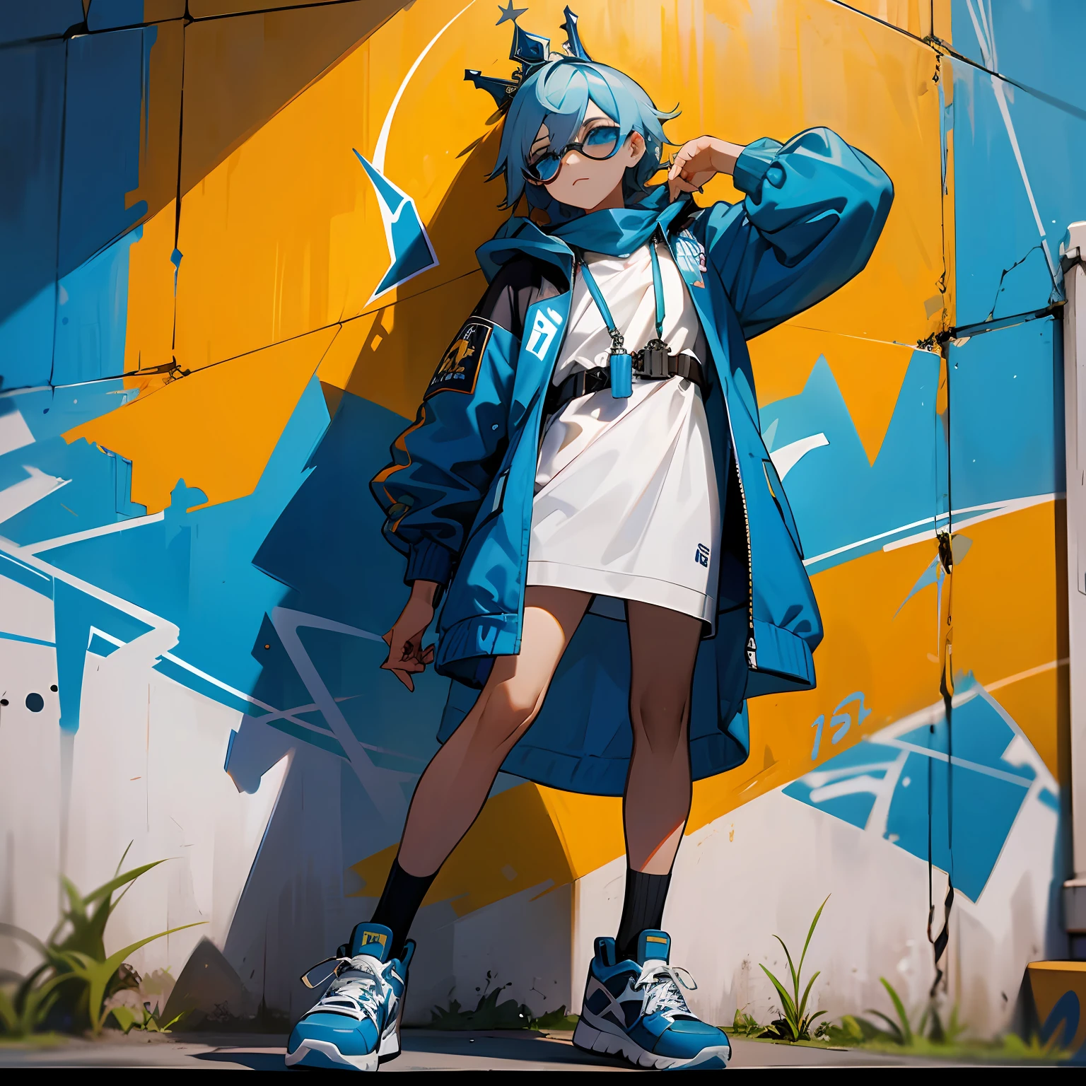 Create the King Shark, vestido de jaqueta azul, oculos azul, correntes de ouro, sneakers blue, behind a graffiti wall, high-definition picture, cinematographic scene