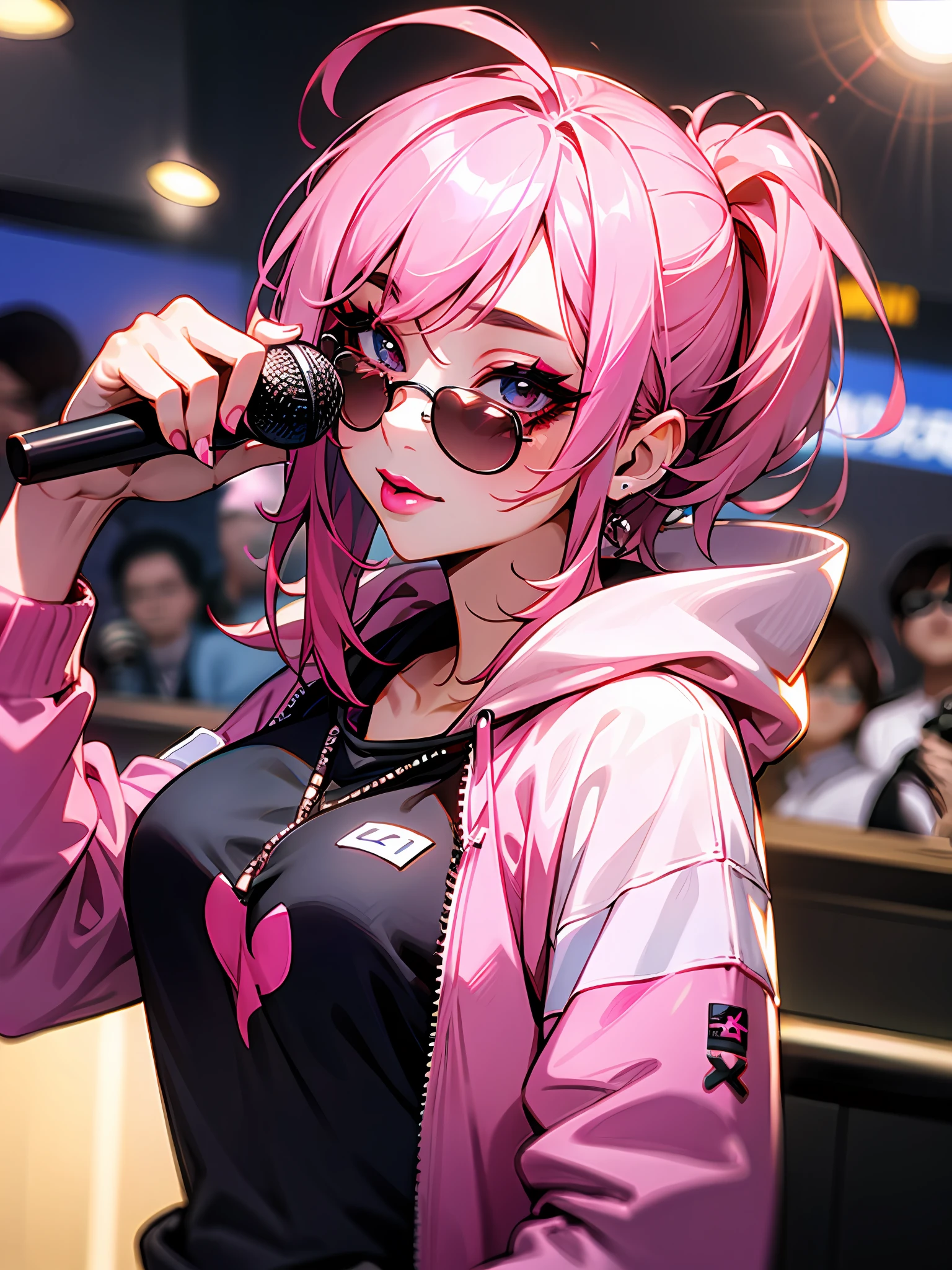 Female Boxers、Pink hair、long、sexy lip、Fancy makeup、Pink sunglasses、Big hoodie、press conference、Holding a microphone in your hand、Camera Flash