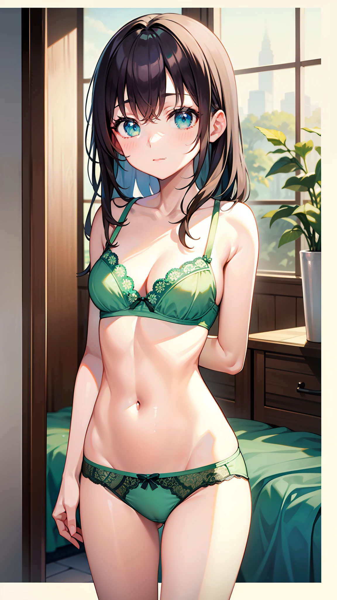 ​masterpiece、top-quality、hi-school girl、in one's underwear only、Green Lingerie、Cute anime illustration、looking at the viewers