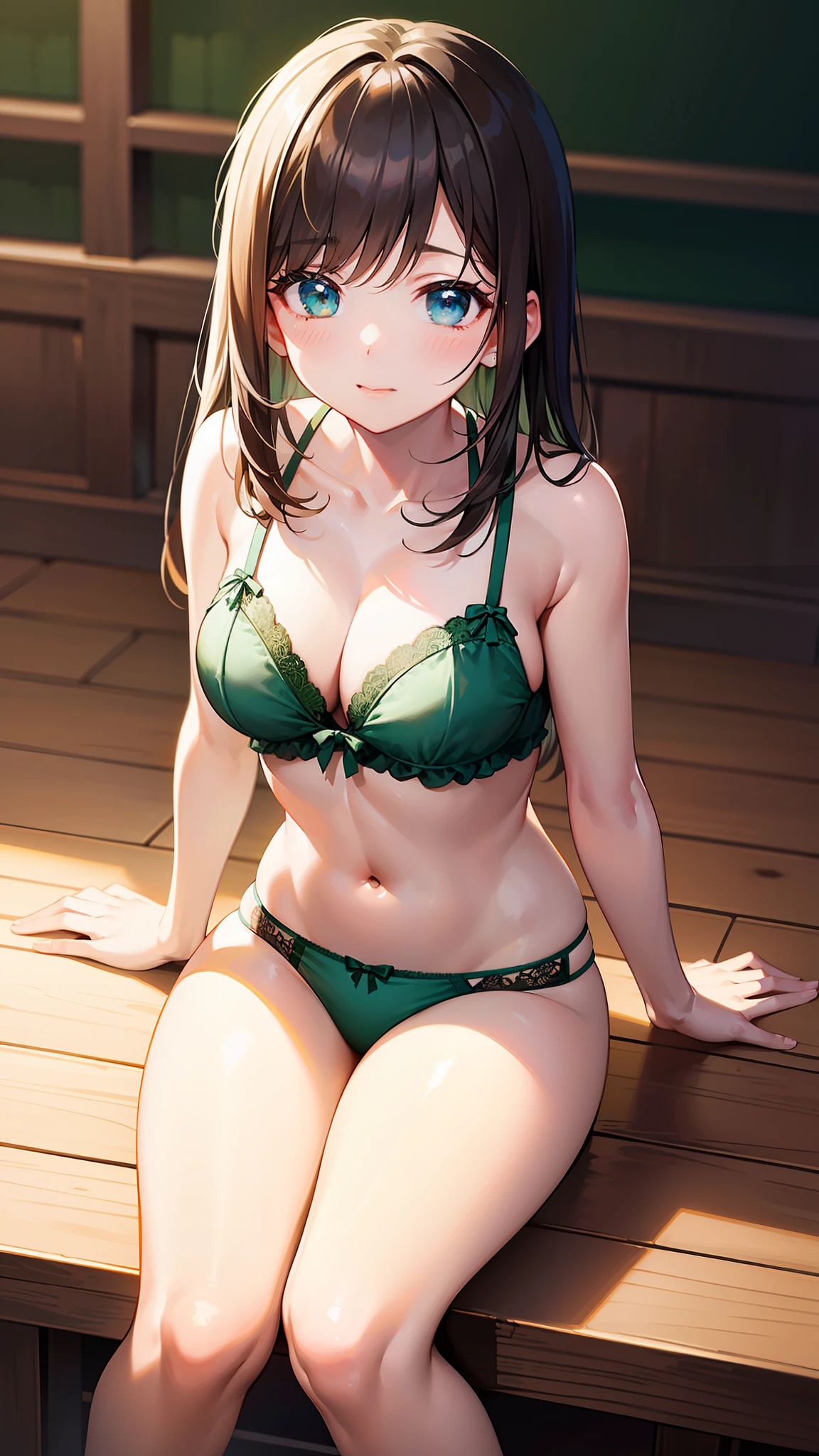 masterpiece、top-quality、hi-school girl、in one's underwear only、Green Lingerie、Cute anime illustration、looking at the viewers