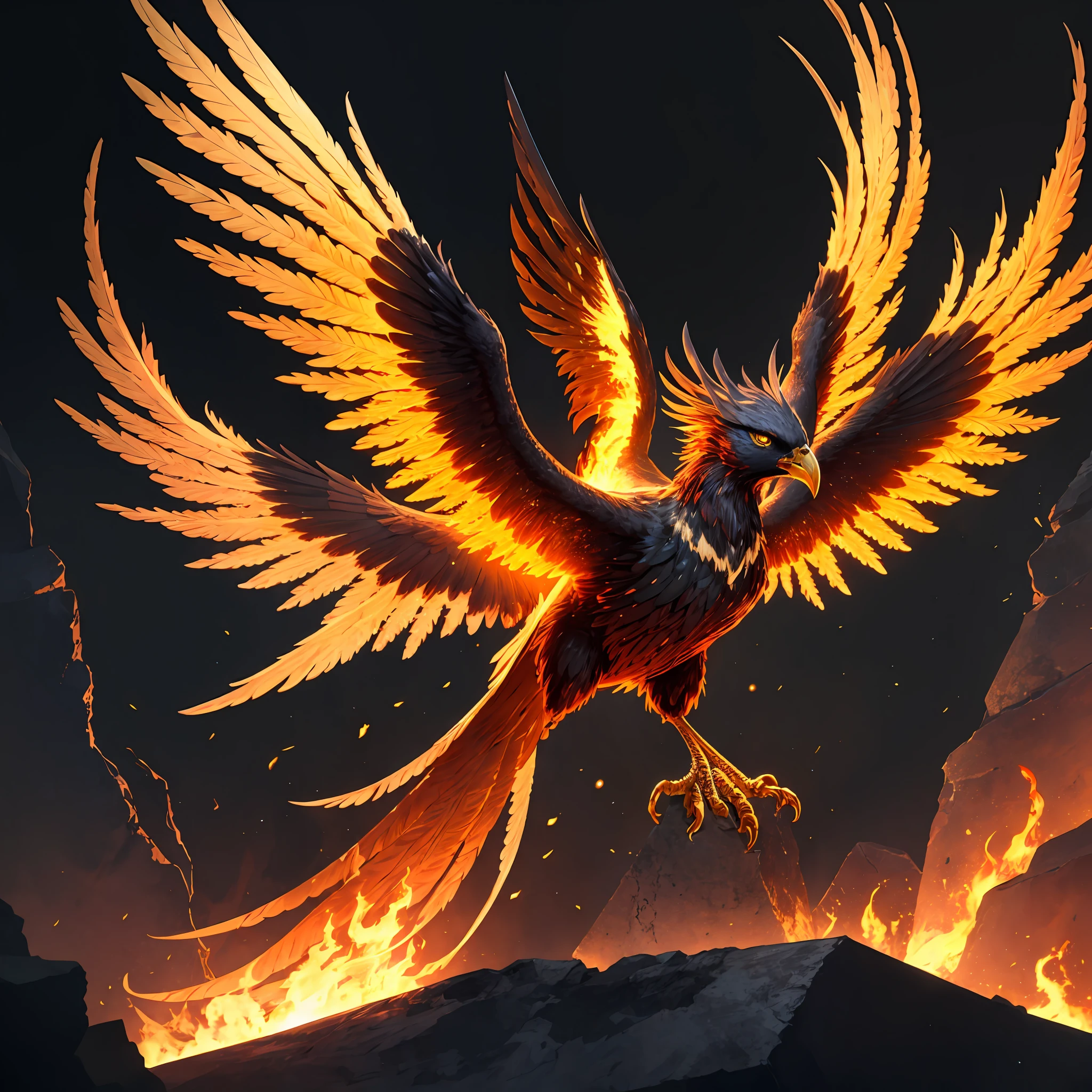 phoenix, masterpiece, best quality, solo, full body, yellow eyes, wings, no humans, glowing, bird, fire, animal focus, beak, hyper detailed, insanely detailed