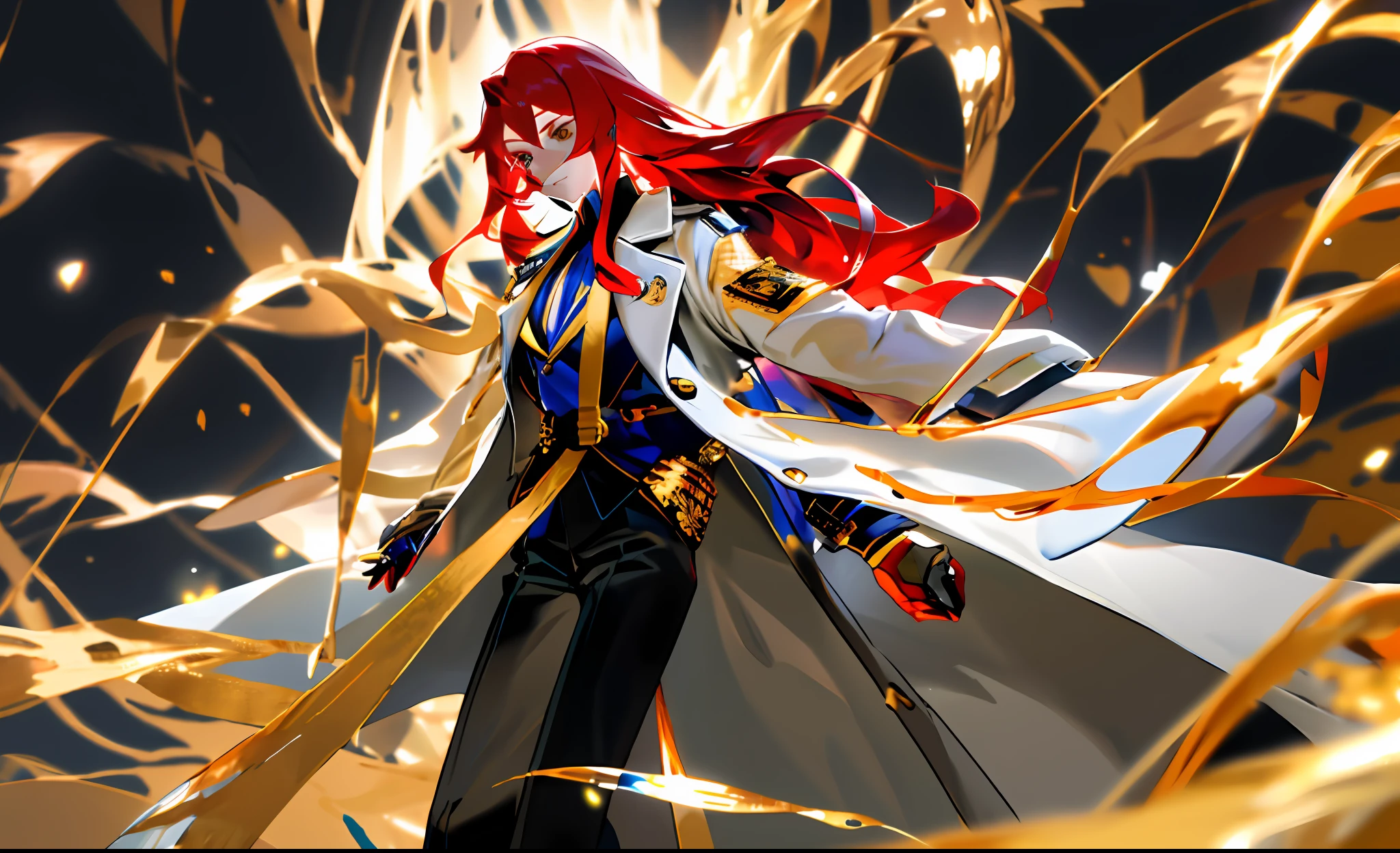 A man who looks like a girl,Long red hair,There are inches of gold at the ends of the hair,Wear a large trench coat,The figure is good,Wallpaper phone