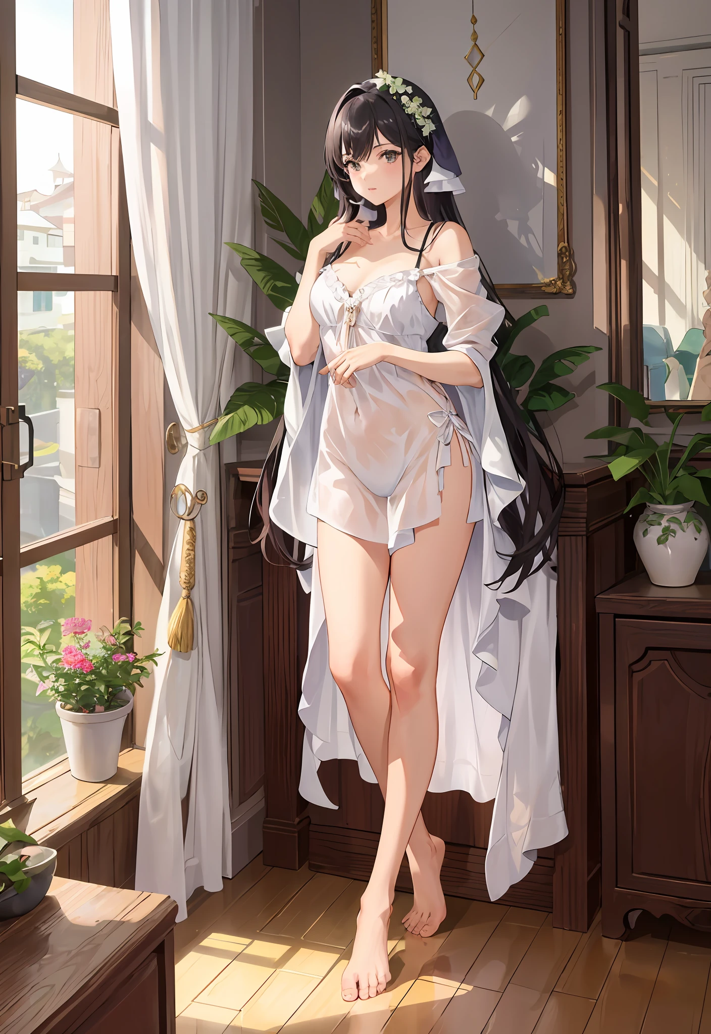 ((4k, melhor qualidade, alto detalhe)), linda delicada, transparente nightie, sem nada vestindo por baixo do nightie, ela desaperta a porta, her long hair is over her shoulder, the wall is decorated with a jar of flowers, the house is full of plants. Luz do sol brilhando em flores, fotos de corpo inteiro, bare foots,, nudenudenudenude,