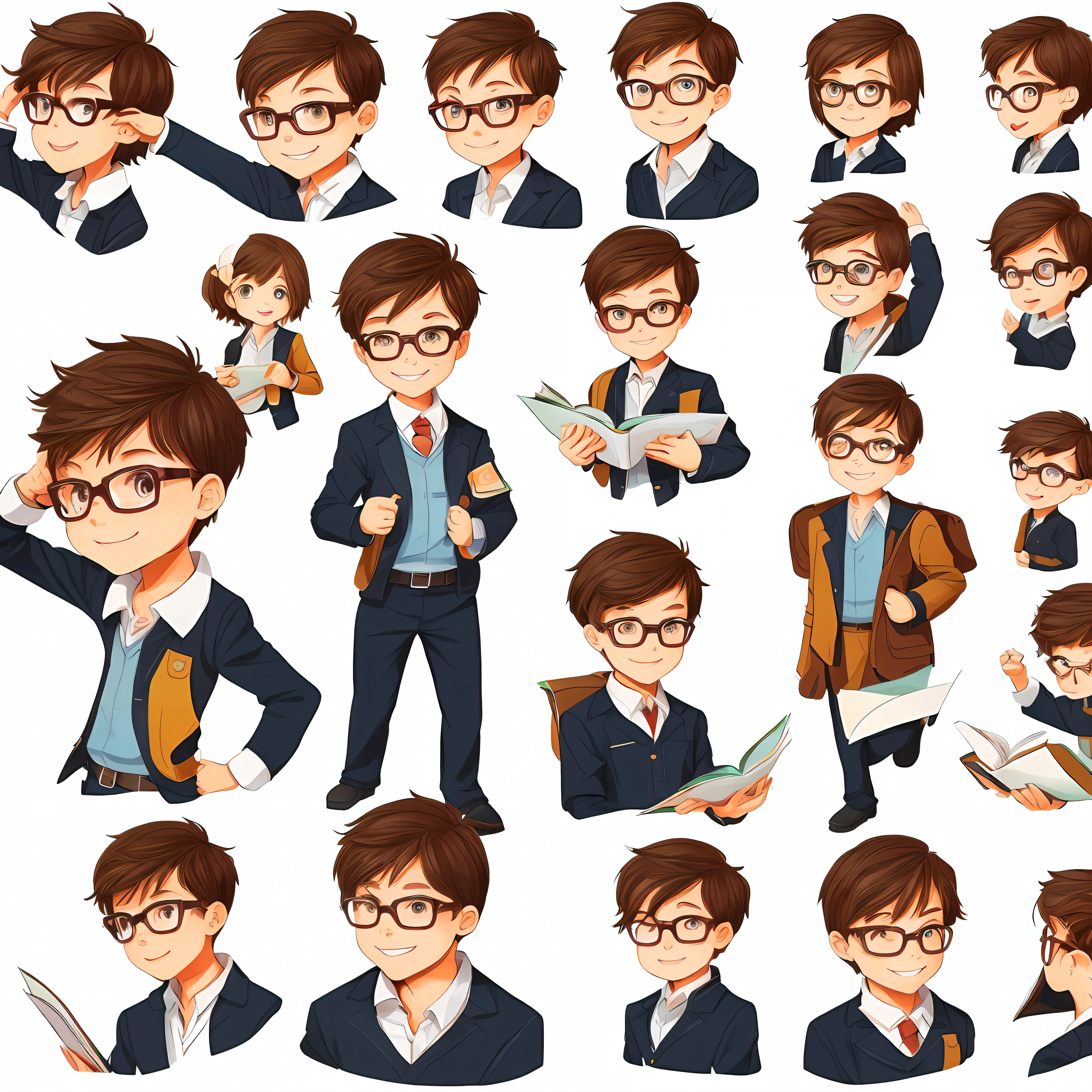 Create a children's book drawing with the male character standing, with light eyes and short dark hair and smiling wearing glasses, alone on a white background with multiple poses and different facial expressions --auto