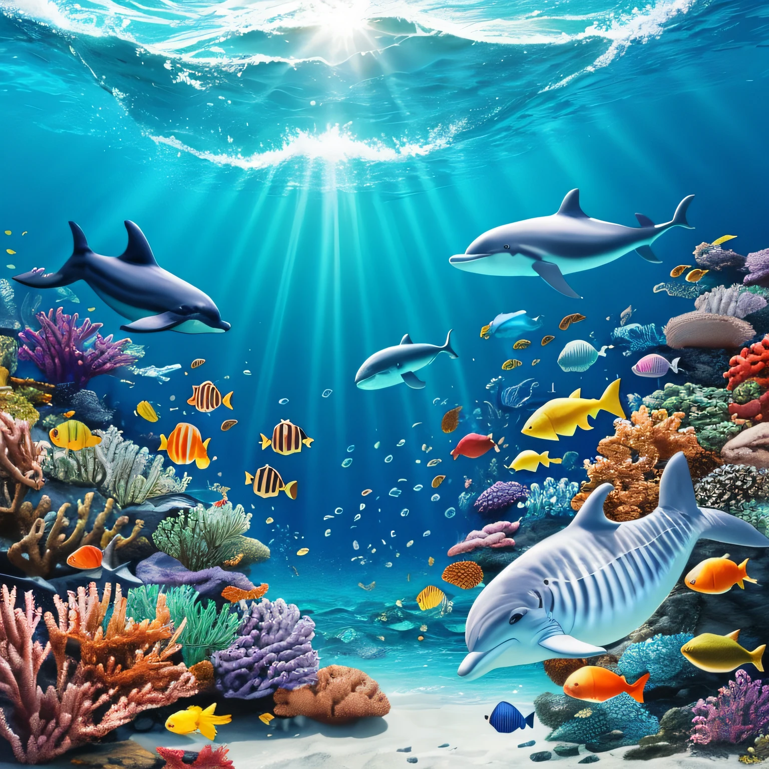 ultra Realistic sea background with various fish, whale, dolphin, turtle, seaweed, vivid colors. --auto