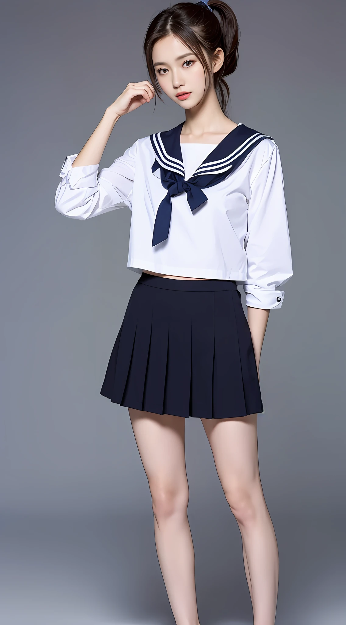 ((top quality, 8k, masterpiece: 1.3)), 1 girl, beauty with slender abs: 1.3, (ponytail, small: 1.2), sailor suit: 1.1, super detailed face, detailed eyes, double eyelids, skirt, full body, neat girl of 15 years old