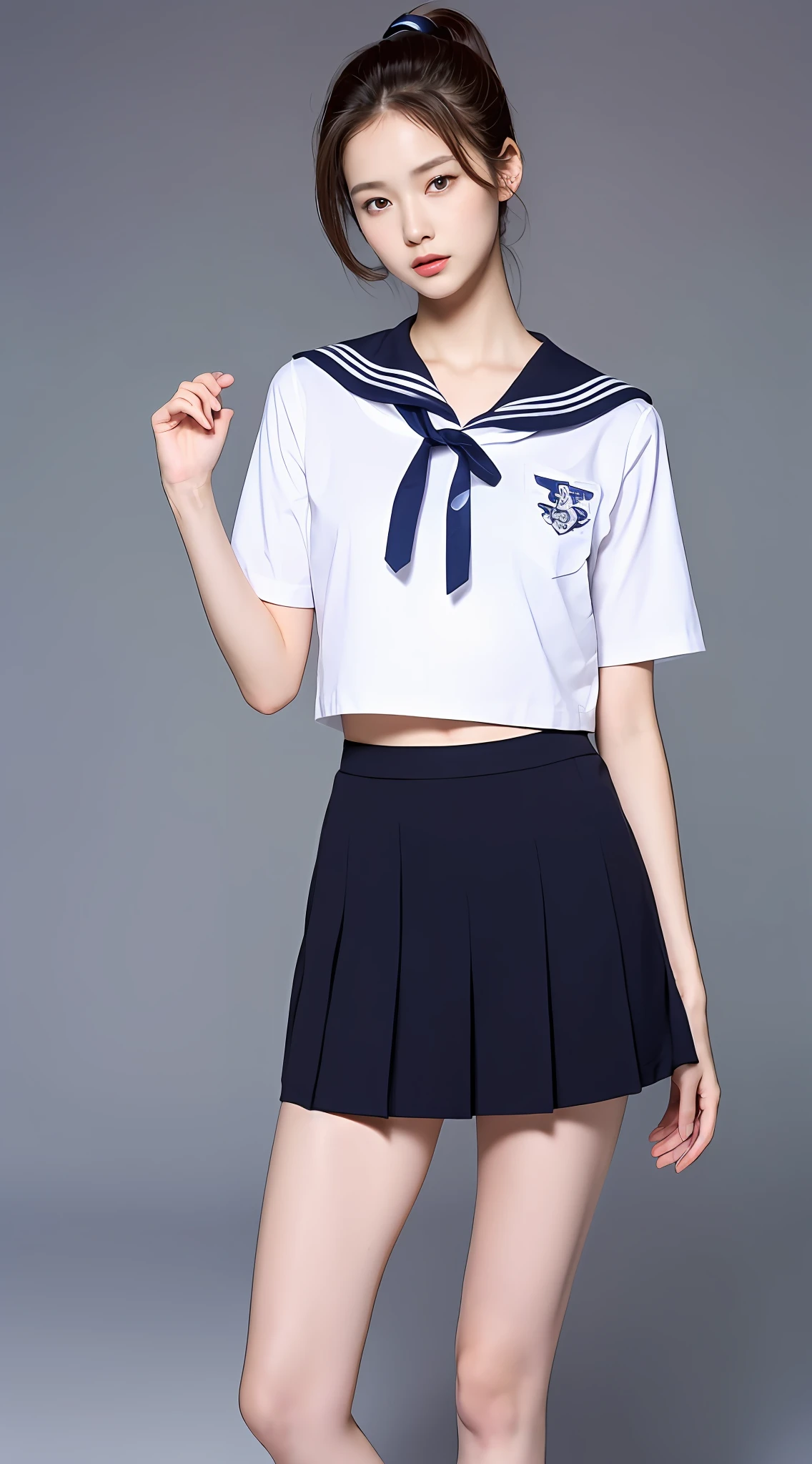 ((top quality, 8k, masterpiece: 1.3)), 1 girl, beauty with slender abs: 1.3, (ponytail, small: 1.2), sailor suit: 1.1, super detailed face, detailed eyes, double eyelids, skirt, full body, neat girl of 15 years old