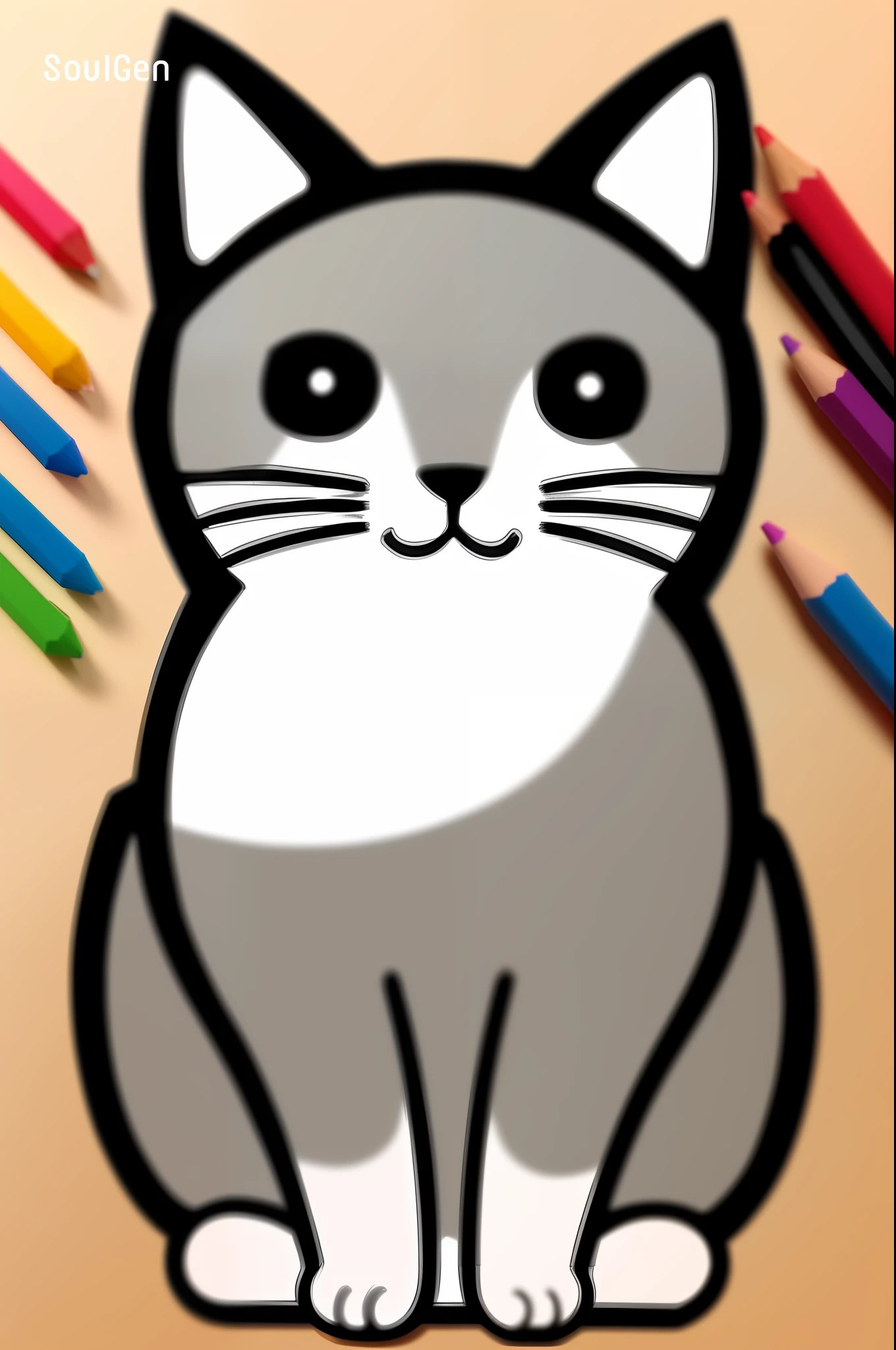 There is a drawing of a cat with colored pencils on the table, design do gato, desenhos para colorir, gato cinzento chibi gordo, gato detalhado, coloring book page, gato kawaii, line art colouring page, illustration of a cat, desenhos para colorir, desenho de animais, flat coloration, coloring book outline, desenho colorido, Arte delineada, Arte para iniciantes, em uma pintura de um gato