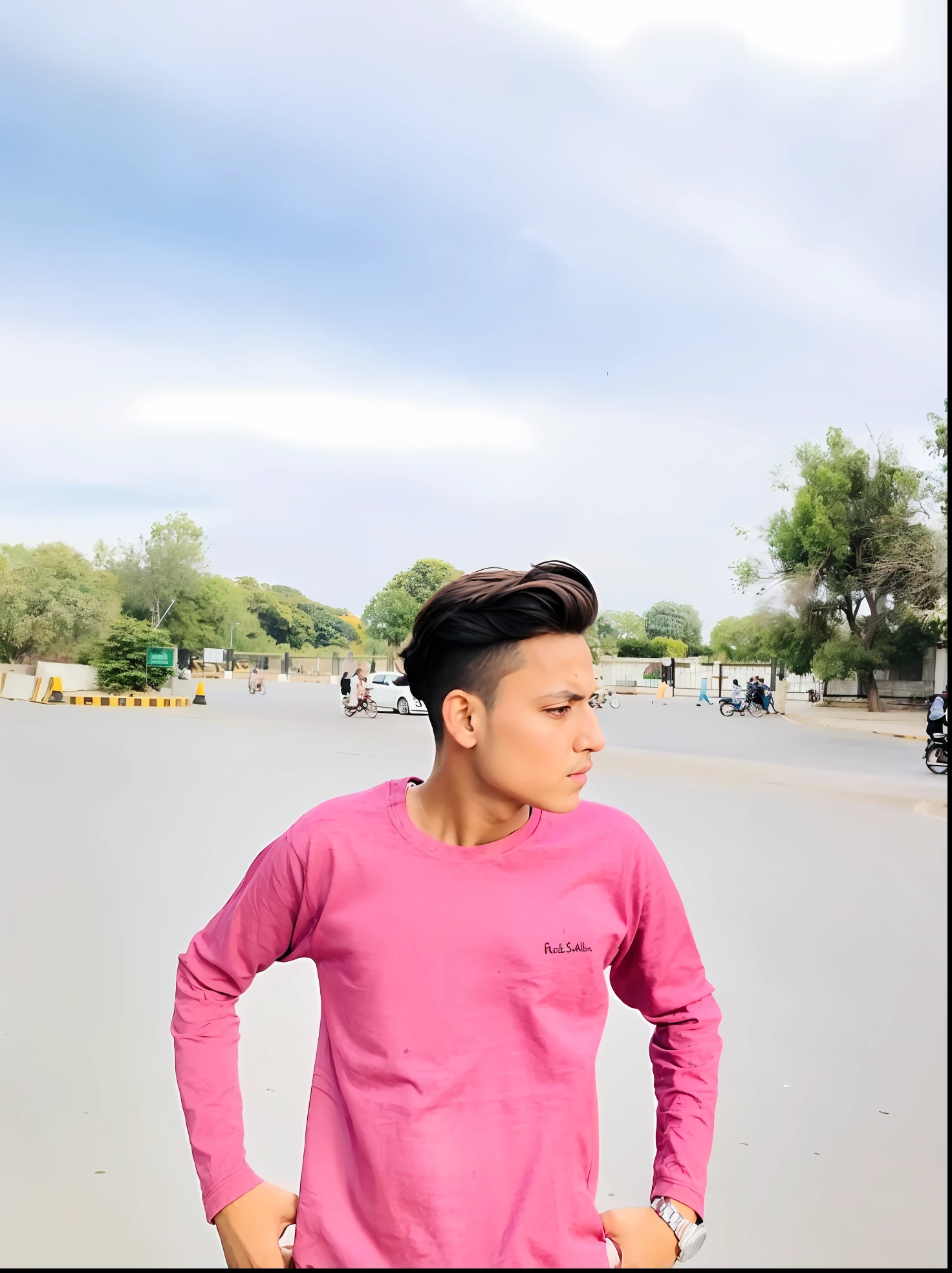 there is a man standing on the street with his hands in his pockets, khyzyl saleem, kyza saleem, in city street, profile pic, street pic, profile picture 1024px, with a cool pose, candid picture, around 1 9 years old, with long hair, by Riza Abbasi, very very low quality picture