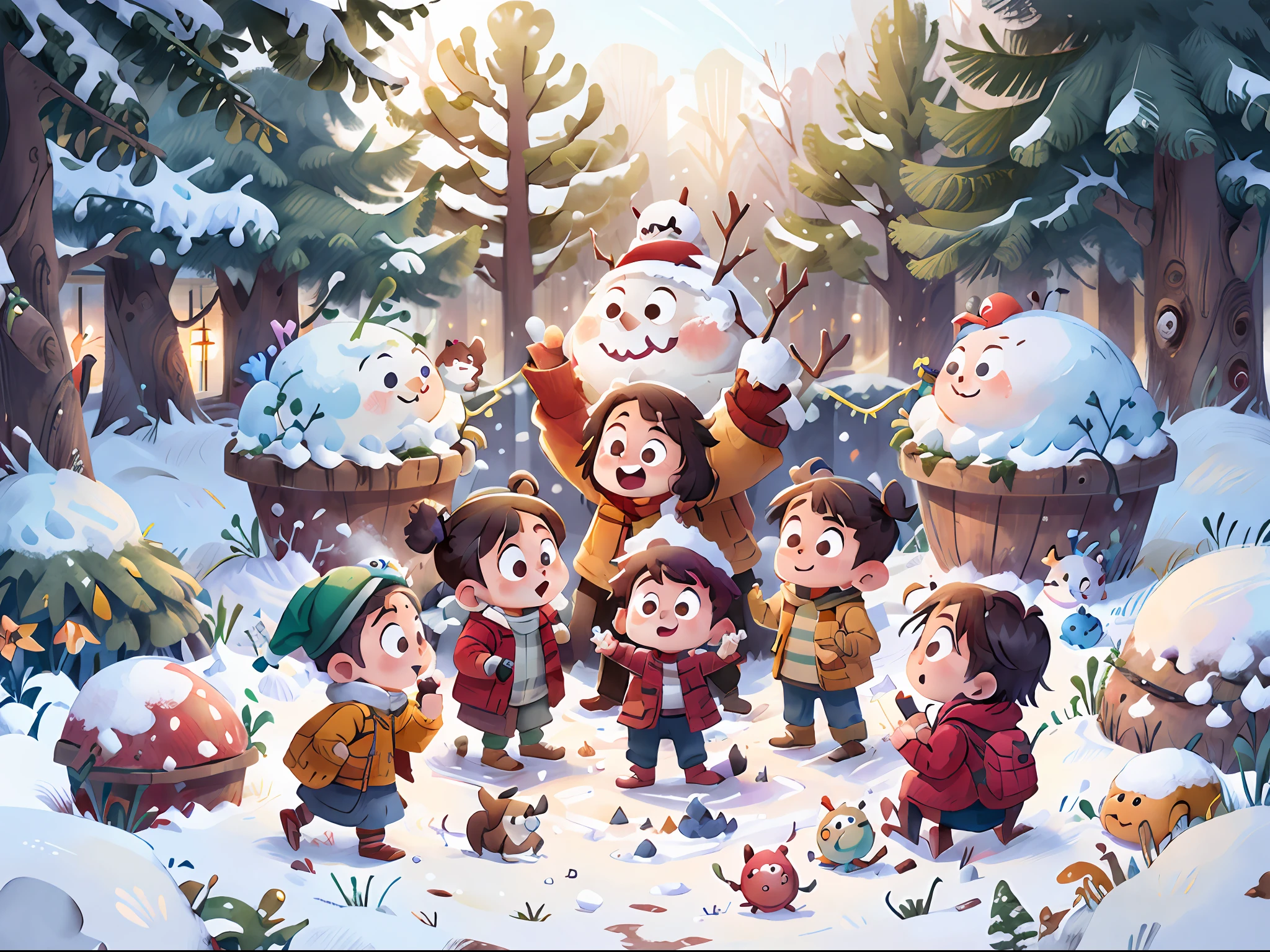 Children's dozen children playing and making snowmen in the backyard of their homes,