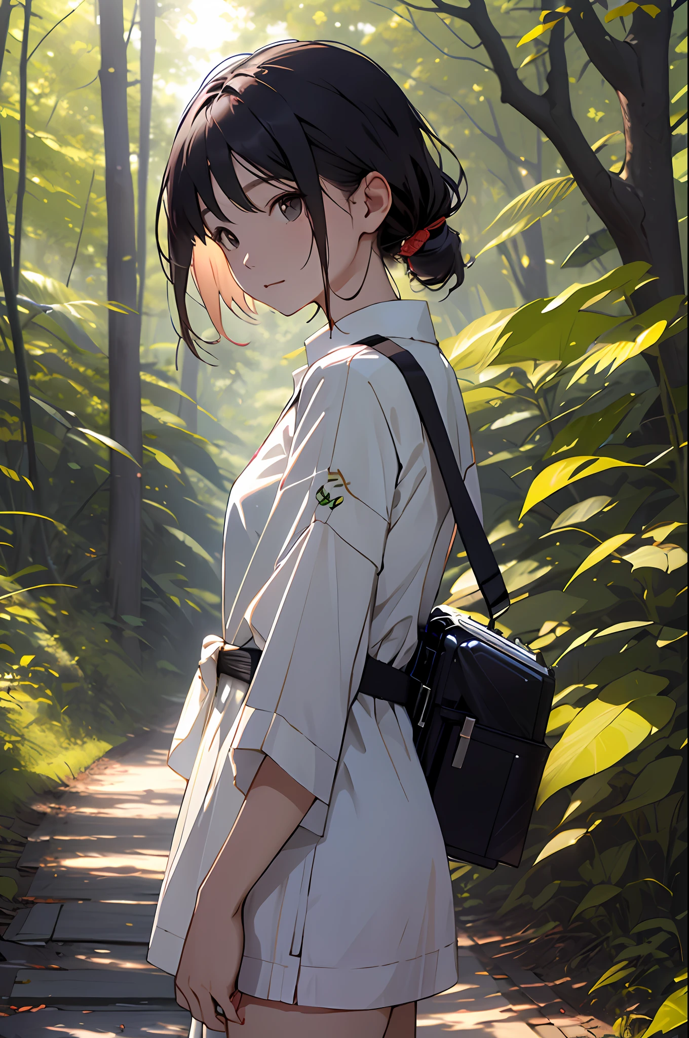 realisitic、Girl in the forest and sunshine, shorth hair, Nice hairstyle, Nice clothes、look at a camera