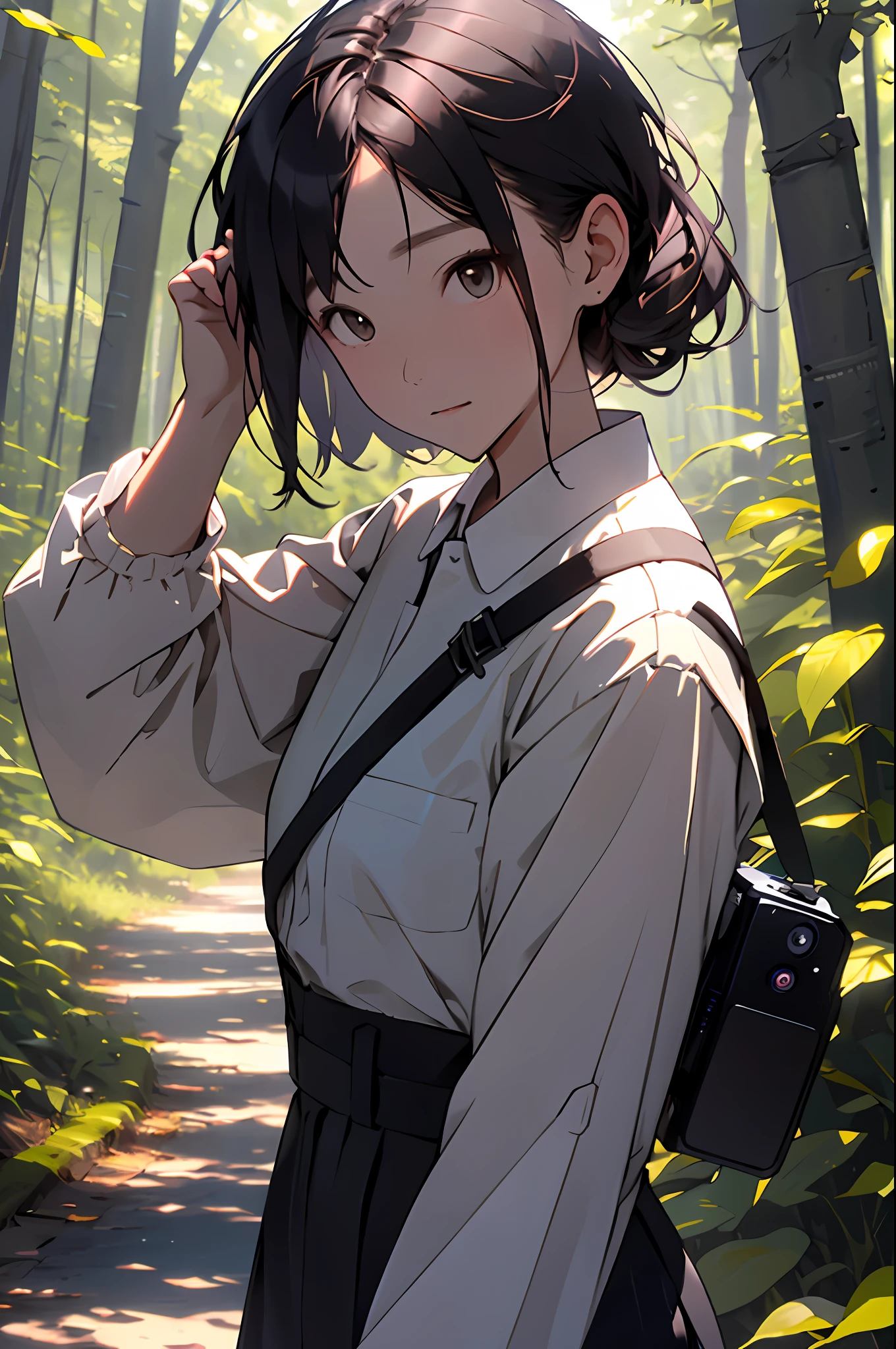 realisitic、Girl in the forest and sunshine, shorth hair, Nice hairstyle, Nice clothes、look at a camera