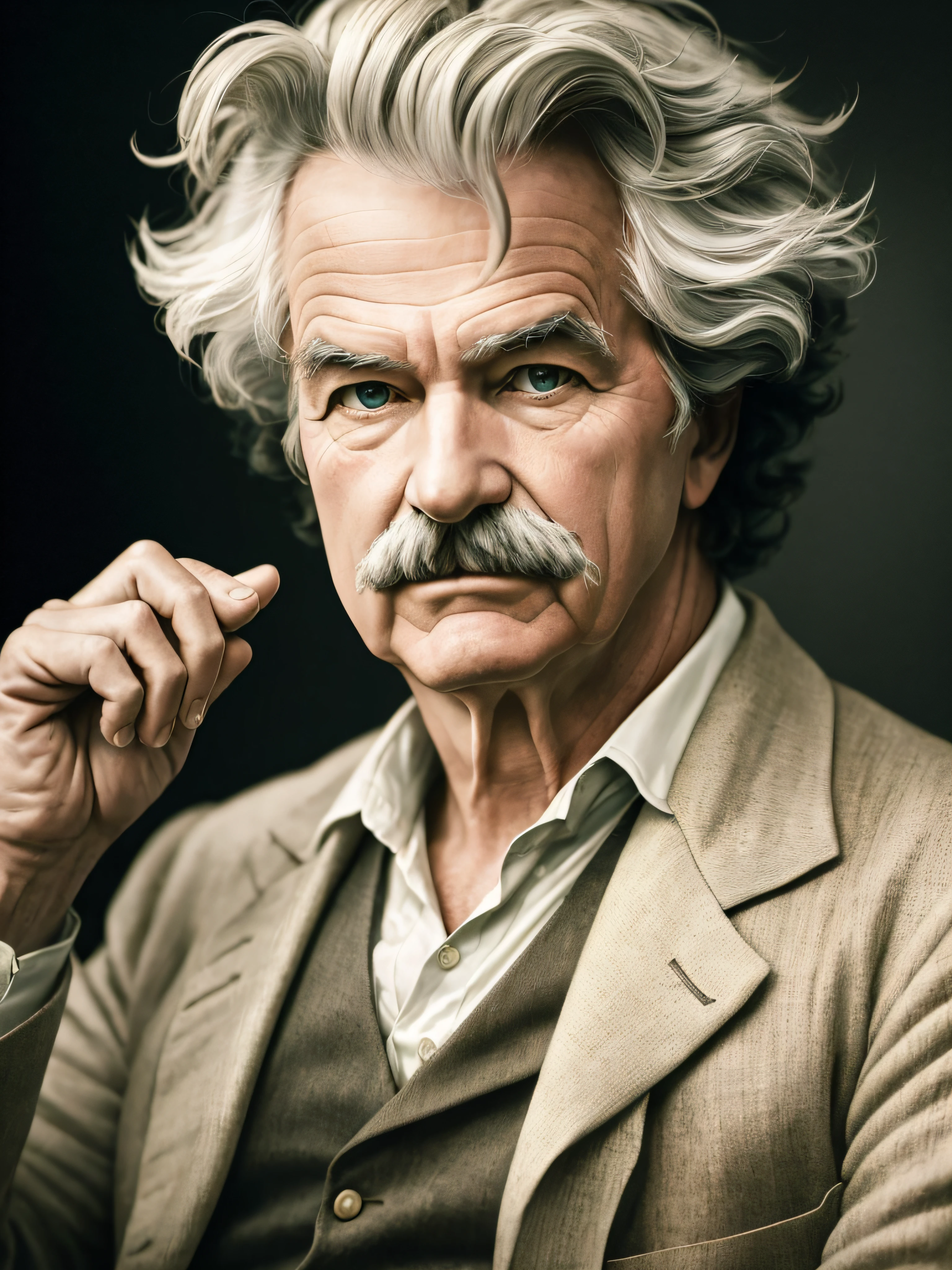 Mark Twain, the renowned American author, is captured in a captivating photograph that showcases his distinctive personality and literary genius. The image is rendered in a striking photographic style, with heightened clarity and a powerful contrast that accentuates every detail. Twain's features are brought to life with remarkable precision, from the twinkle in his eyes to the wrinkles etched upon his face, conveying both his wit and the wisdom gained through a life of storytelling. This evocative portrait pays homage to Twain's enduring legacy, inviting viewers to delve into the captivating world of his words and embrace the spirit of literary adventure. --auto