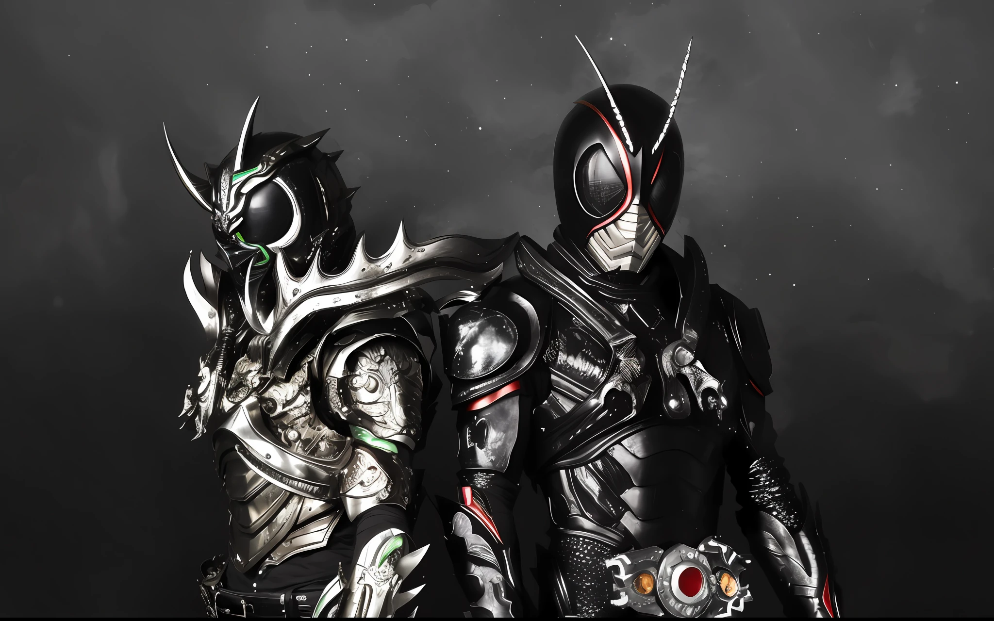 It's two costumed people standing next to each other, alta fantasia Kamen Rider, kamen rider action pose, Kamen Rider, estilo Guyver, Kamen Rider personagem, Kamen Rider fantasma, Tokusatsu, guyver dark hero, cyber japan armor, cyber japan style armor, Guyver, HG Giger, cyber samurai armadura, chaos nightmare ❄️ amour venom