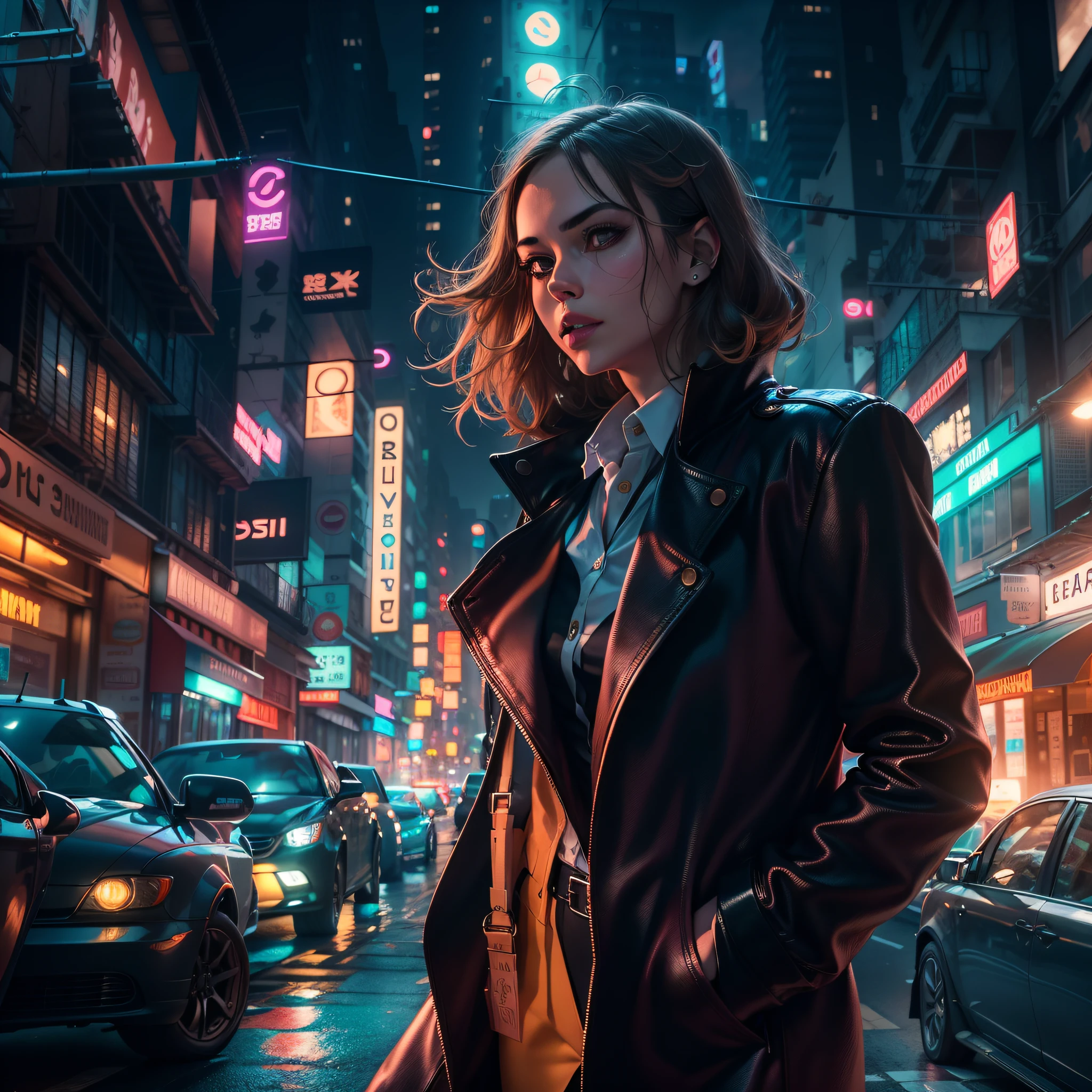 Uma imagem de um investigador moderno vestindo um elegante, Seductive detective outfit in a bustling cityscape lit by neon at night. Ela caminha confiante pelas ruas vibrantes, cercada pelo brilho cativante das luzes da cidade, embodying the essence of a contemporary, Detetive empoderado.