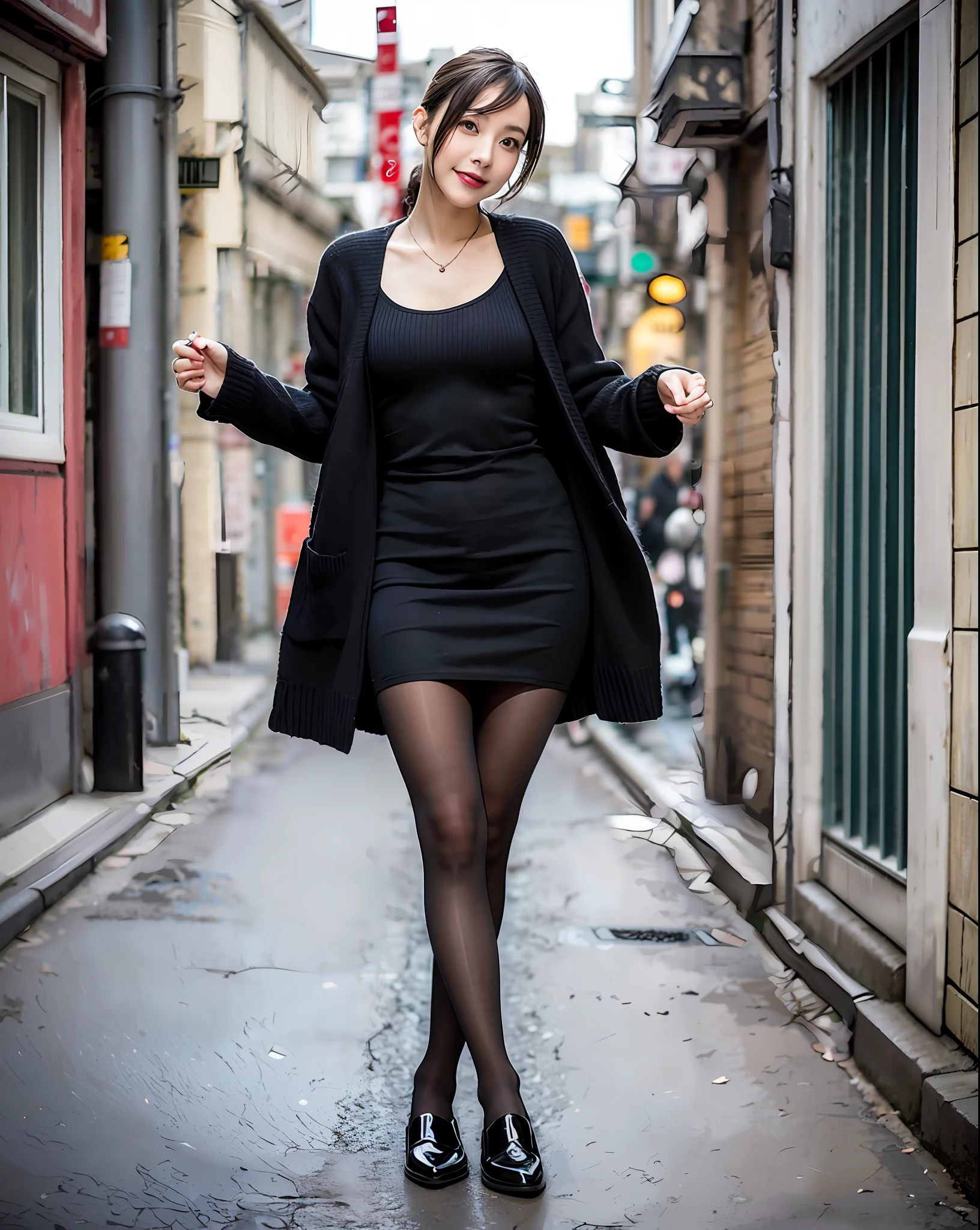 Araki woman in black dress and pink cardigan, dressed with long fluent clothes, pantyhose tights, full body! Pretty face, wearing in cardigan, pretty face with arms and legs, feminine girly dress, wearing a cardigan, Cute style, lady in black coat and pantyhose, Tights; On the street, in romantic style, japanese city street fashion