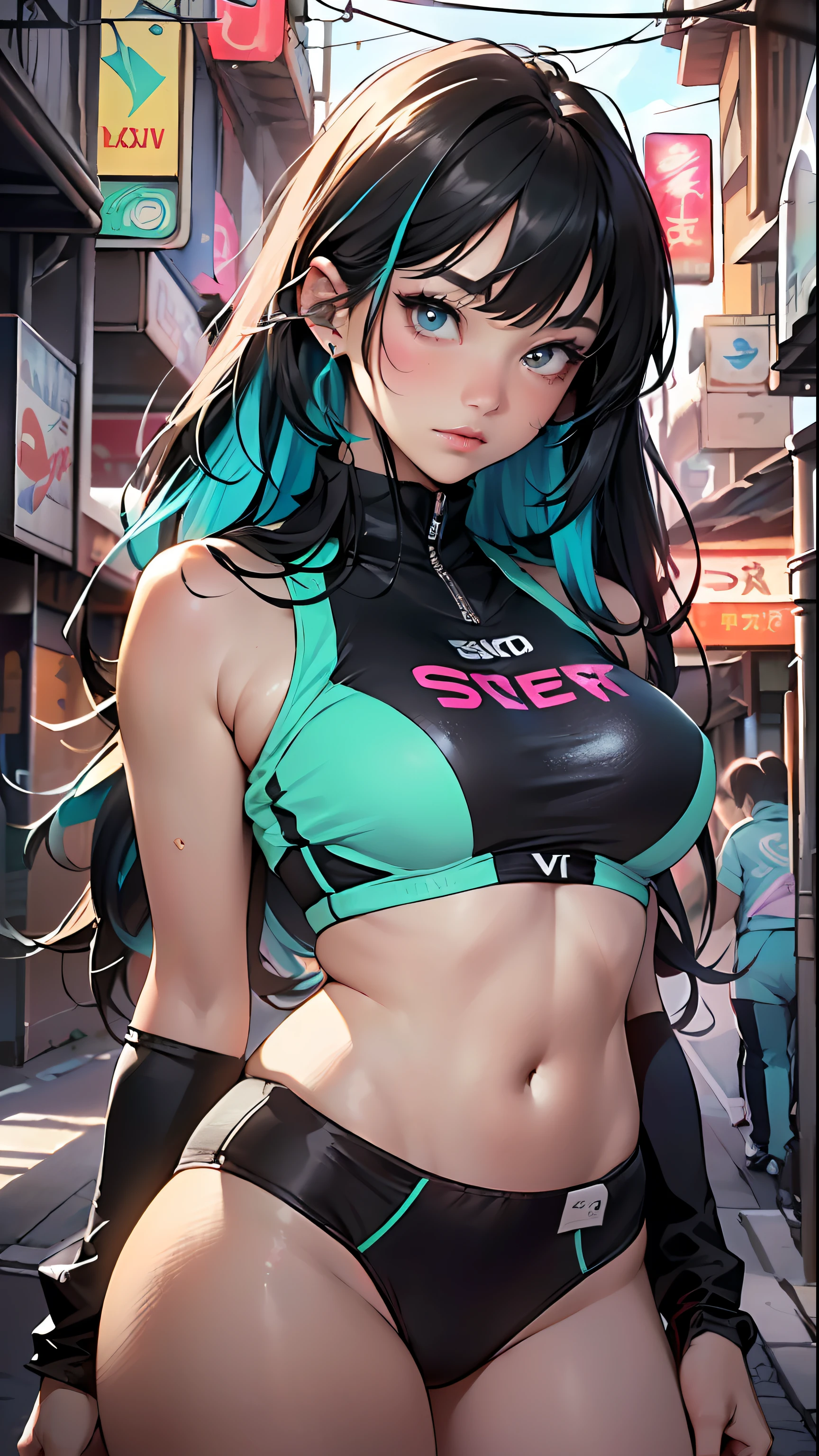 sporty girl with Asian features,(1girl:1.3),((anime girl with dark hair and turquoise highlights, extremely cute and beautiful walking seductively down the street)),
(large breasts:1.4),saggy breasts,(((Black hair with turquoise streaks:1.35, straight hair, long hair:1.4, colored inner hair,ear breathing))),((heterochromia, eye1 blue, eye2 turquoise, perfect eyes, upturned eyes:1.3, beautiful detailed eyes, finely detailed beautiful eyes:1, big highlight on eyes:1.2, slanted eyes)), (fat:1.2),(((lustrous skin:1.5,bright skin: 1.5,skin tanned,shiny skin,very shiny skin,shiny body,plastic glitter skin,exaggerated shiny skin))),(spider lower abdomen,narrow waist,wide hip,athletic body,inflated legs,delicate detailed fingers,detailed body,detailed arms,human hands, detailed hands),
cute,slutty,seductive,erotic,nsfw,
zettai ryouiki,revealing clothing,show skin,((((underboob)))),((sport tiny bra magenta, sport thong,visible thong straps)),(wearing a sport outfit:1.3,sport clothes,semi-naked,with little clothing,),(detailed outfit,detailed clothes),
(dynamic pose:1.0), embarrassed, centered, scale to fit dimensions, Rule of thirds,
outdoors, ((night view)), (cyberpunk night street Background: 1.5,dark sky,alleyway,lonely alley,thick clouds, detailed background:1.25),
(best quality), (high resolution), (sharp focus), (ultra detailed), (extremely detailed), (extremely high quality artwork), 8k_wallpaper, (extremely detailed CG 8k),(very fine 8K CG), ((hyper super ultra detailed perfect piece)), flawless, (((masterpiece))), illustration, vibrant colors, (intricate), High contrast, Selective lighting, Double exposure, HDR (High Dynamic Range), Post-processing, Background blur,