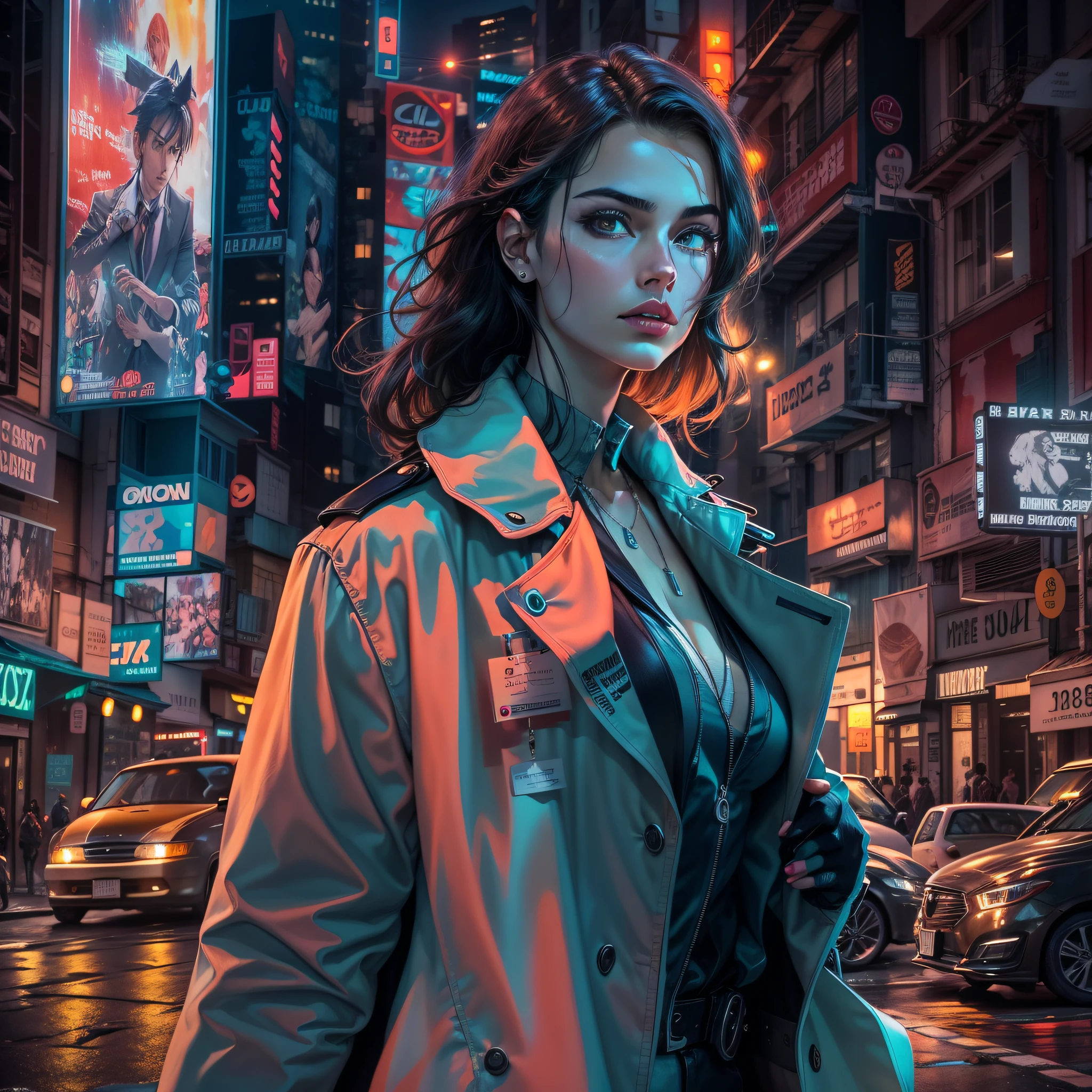 Uma imagem de um investigador moderno vestindo um elegante, Seductive detective outfit in a bustling cityscape lit by neon at night. Ela caminha confiante pelas ruas vibrantes, cercada pelo brilho cativante das luzes da cidade, embodying the essence of a contemporary, Detetive empoderado.