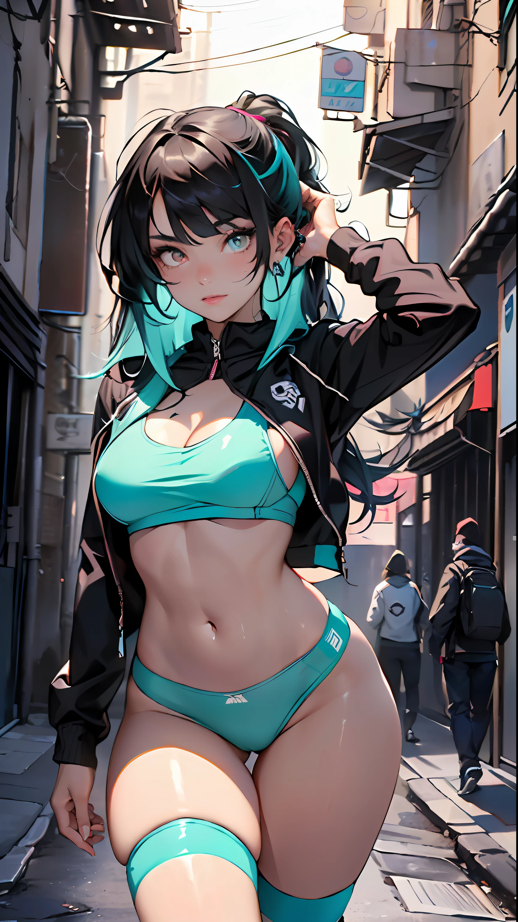 sporty girl with Asian features,(1girl:1.3),((anime girl with dark hair and turquoise highlights, extremely cute and beautiful walking seductively down the street)),

(large breasts:1.4),saggy breasts,(((Black hair with turquoise streaks:1.35, straight hair, long hair:1.4, colored inner hair,ear breathing))),((heterochromia, eye1 blue, eye2 turquoise,  perfect eyes, upturned eyes:1.3, beautiful detailed eyes, finely detailed beautiful eyes:1, big highlight on eyes:1.2, slanted eyes)), (fat:1.2),(((lustrous skin:1.5,bright skin: 1.5,skin tanned,shiny skin,very shiny skin,shiny body,plastic glitter skin,exaggerated shiny skin))),(spider lower abdomen,narrow waist,wide hip,athletic body,inflated legs,delicate detailed fingers,detailed body,detailed arms,human hands, detailed hands),

cute,slutty,seductive,erotic,nsfw, 

zettai ryouiki,revealing clothing,show skin,((((underboob)))),((sport tiny bra magenta, sport thong,visible thong straps)),(wearing a sport outfit:1.3,sport clothes,semi-naked,with little clothing,),(detailed outfit,detailed clothes),

(dynamic pose:1.0), embarrassed, centered, scale to fit dimensions, Rule of thirds,

outdoors, ((night view)), (cyberpunk night street Background: 1.5,dark sky,alleyway,lonely alley,thick clouds, detailed background:1.25),

(best quality), (high resolution), (sharp focus), (ultra detailed), (extremely detailed), (extremely high quality artwork), 8k_wallpaper, (extremely detailed CG 8k),(very fine 8K CG), ((hyper super ultra detailed perfect piece)), flawless, (((masterpiece))), illustration, vibrant colors,  (intricate), High contrast, Selective lighting, Double exposure, HDR (High Dynamic Range), Post-processing, Background blur,